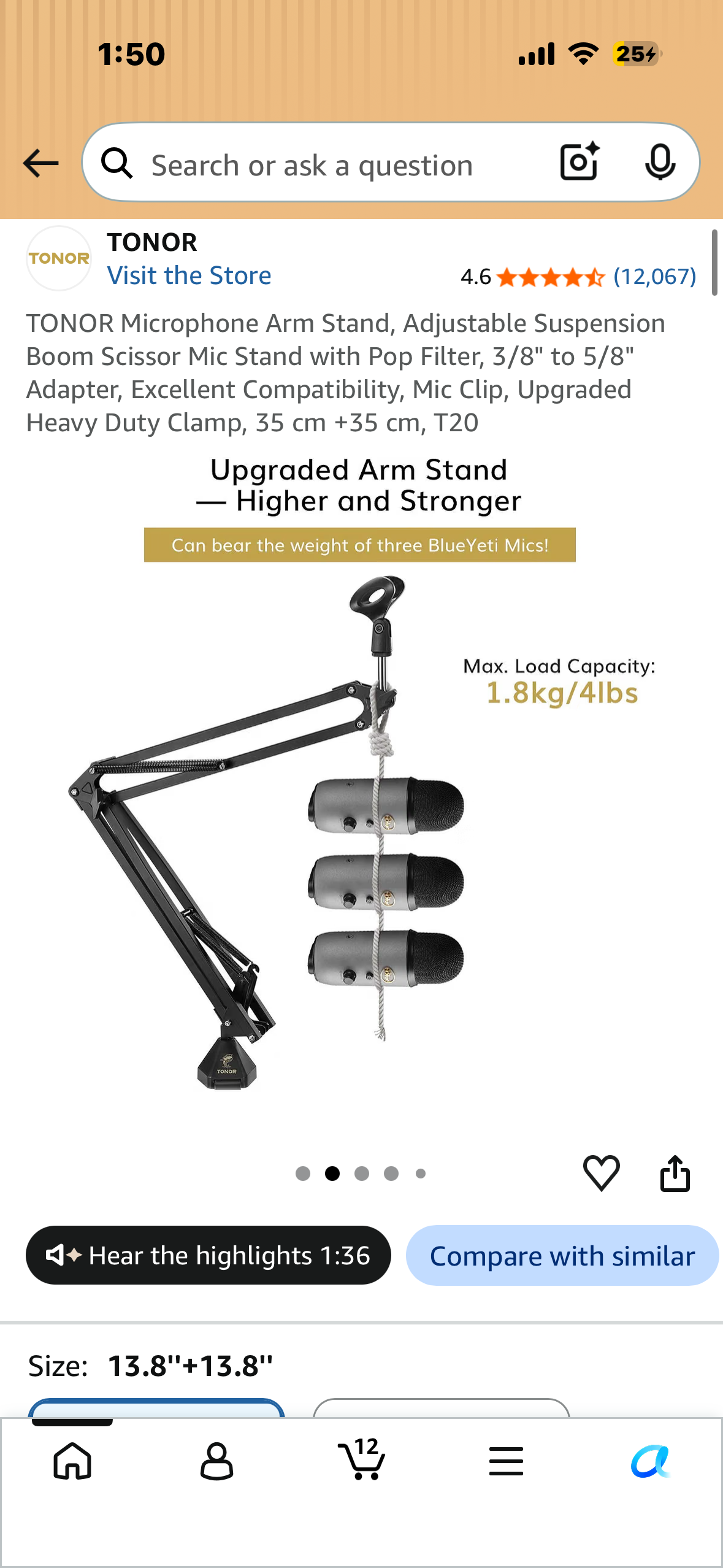TONOR Microphone Arm Stand, Adjustable Suspension Boom Scissor Mic Stand with Pop Filter, 3/8" to 5/8" Adapter, Excellent Compatibility, Mic Clip, Upgraded Heavy Duty Clamp, 35 cm +35 cm, T20