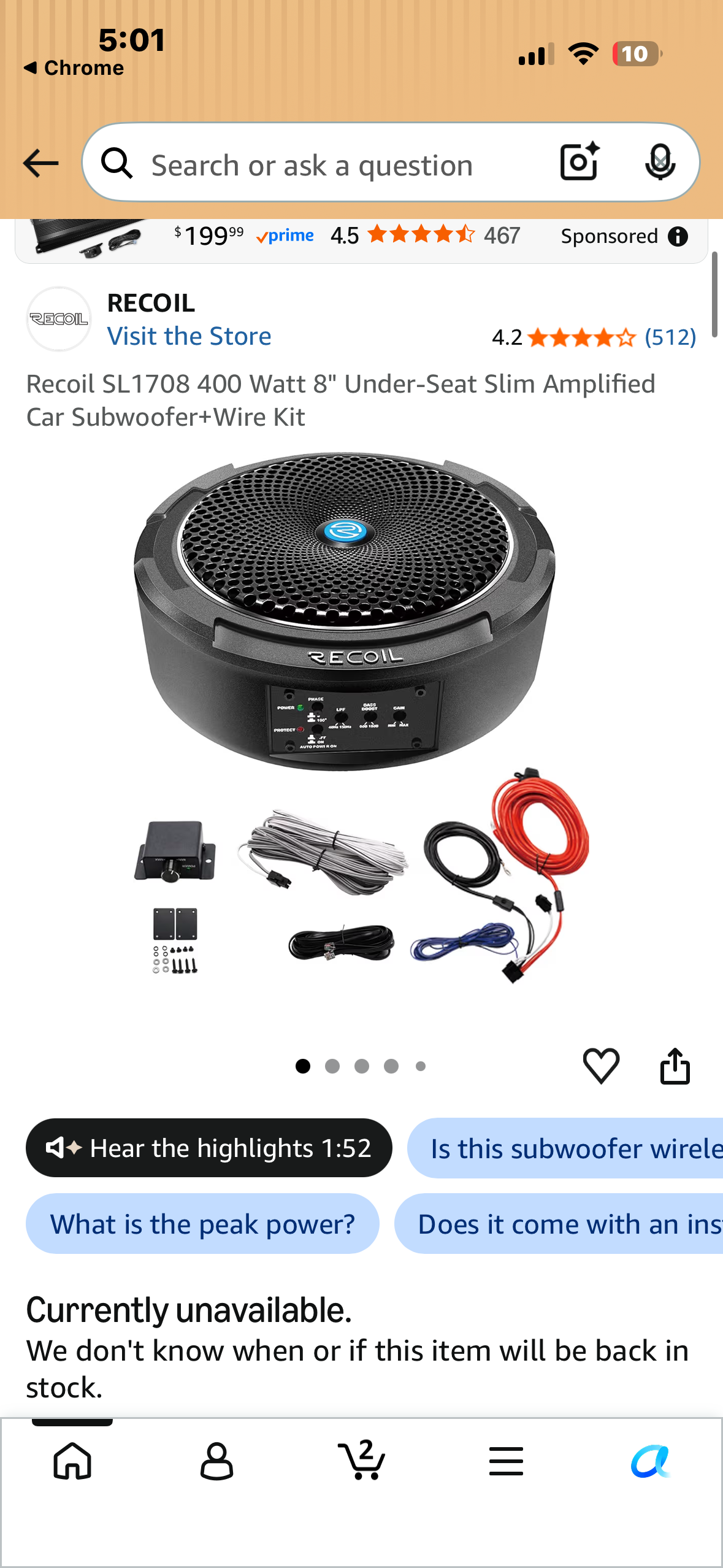 Recoil SL1708 400 Watt 8" Under-Seat Slim Amplified Car Subwoofer+Wire Kit