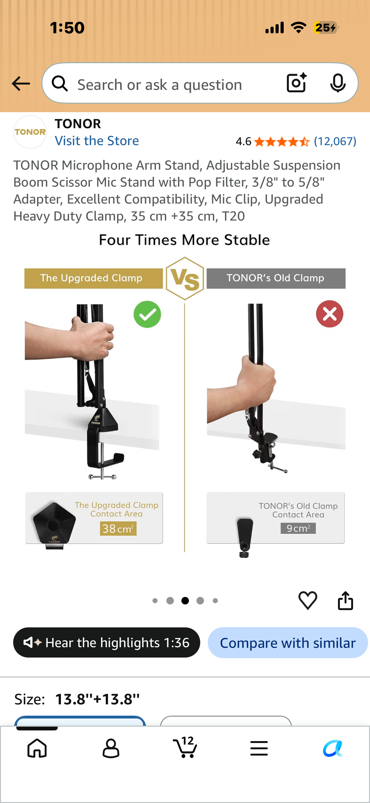 TONOR Microphone Arm Stand, Adjustable Suspension Boom Scissor Mic Stand with Pop Filter, 3/8" to 5/8" Adapter, Excellent Compatibility, Mic Clip, Upgraded Heavy Duty Clamp, 35 cm +35 cm, T20