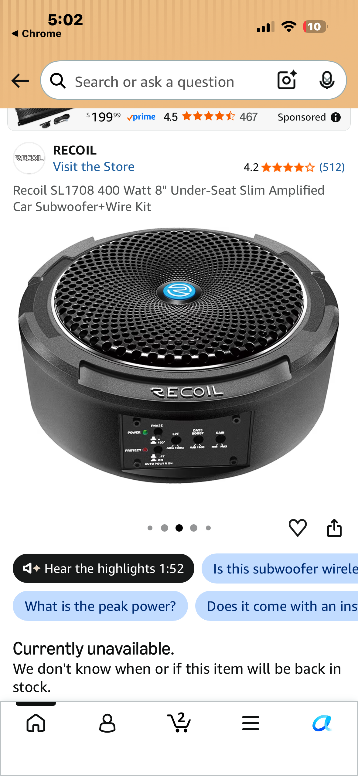 Recoil SL1708 400 Watt 8" Under-Seat Slim Amplified Car Subwoofer+Wire Kit