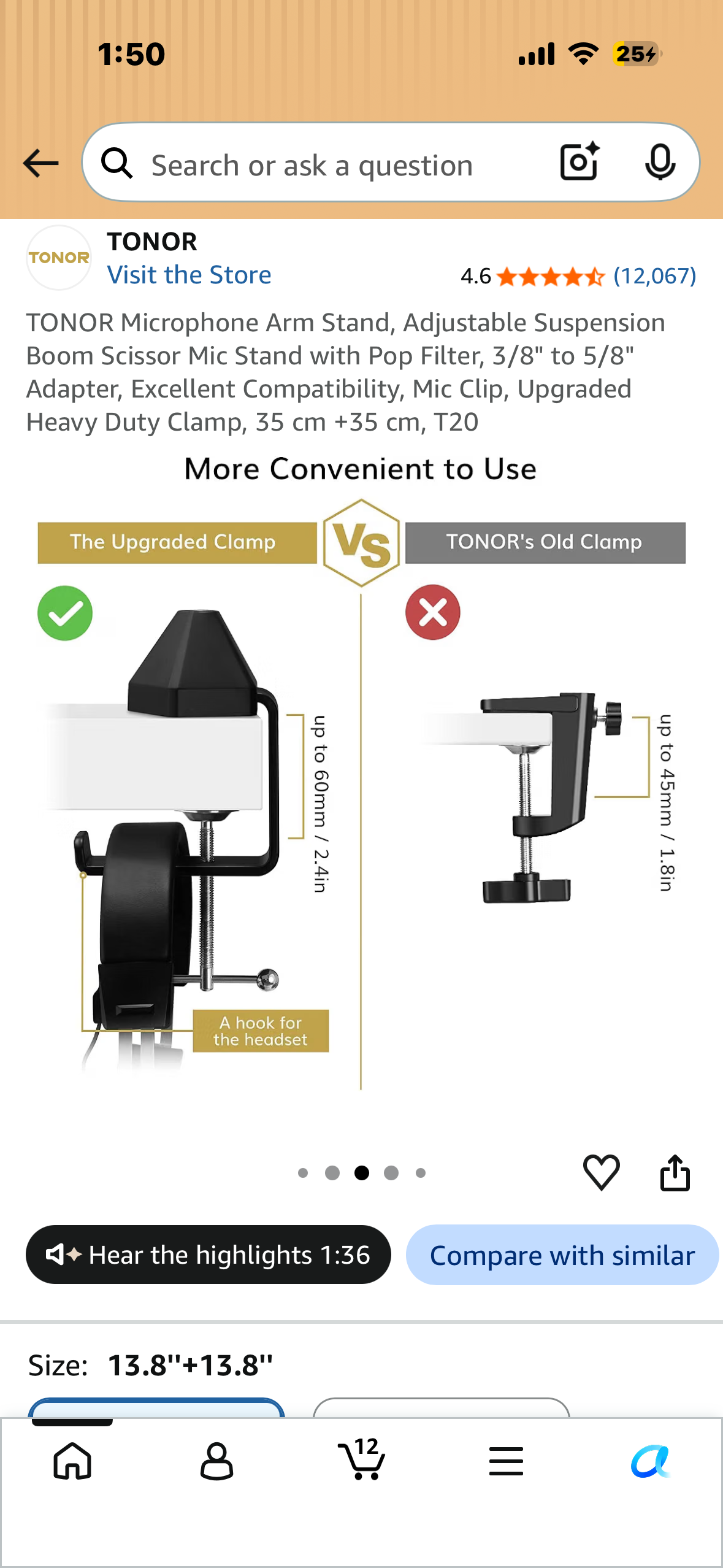 TONOR Microphone Arm Stand, Adjustable Suspension Boom Scissor Mic Stand with Pop Filter, 3/8" to 5/8" Adapter, Excellent Compatibility, Mic Clip, Upgraded Heavy Duty Clamp, 35 cm +35 cm, T20