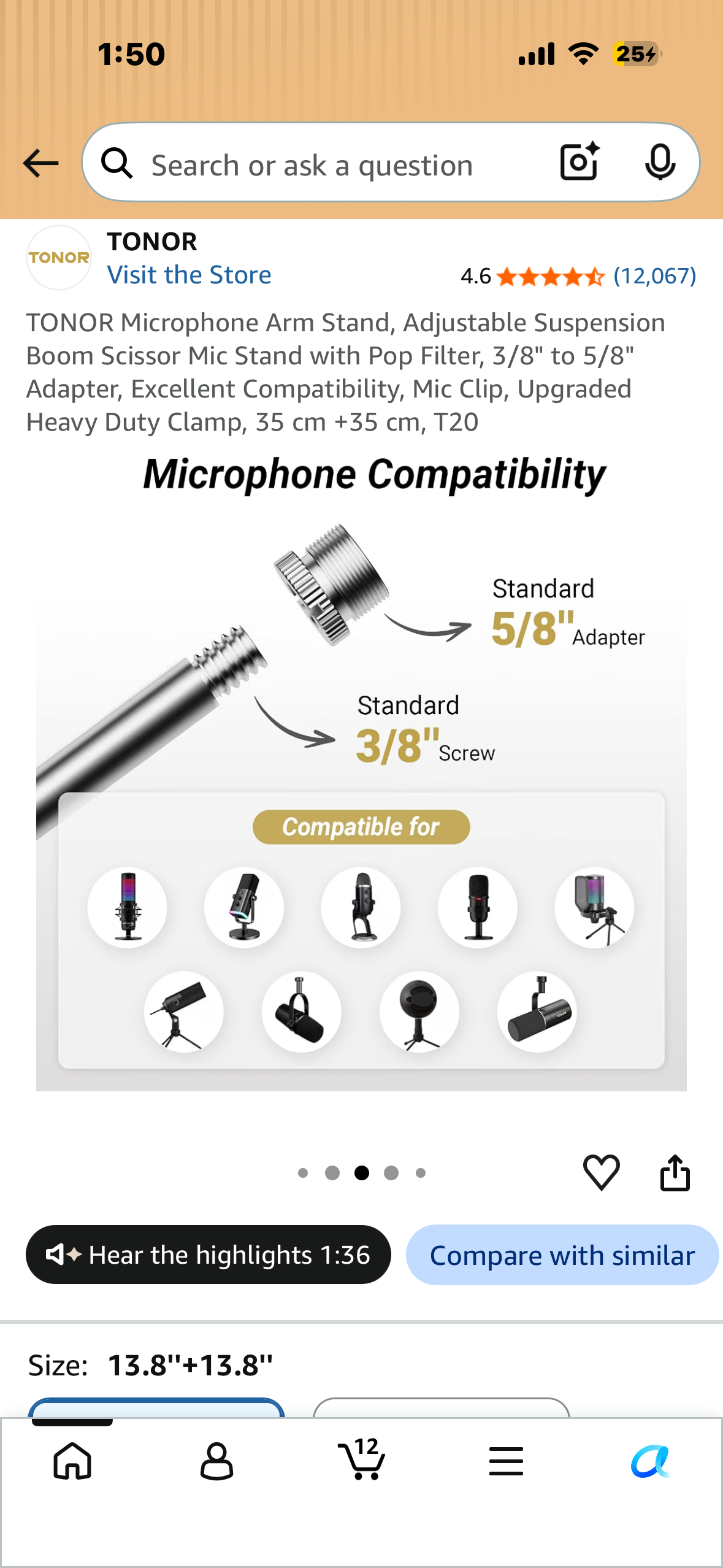 TONOR Microphone Arm Stand, Adjustable Suspension Boom Scissor Mic Stand with Pop Filter, 3/8" to 5/8" Adapter, Excellent Compatibility, Mic Clip, Upgraded Heavy Duty Clamp, 35 cm +35 cm, T20