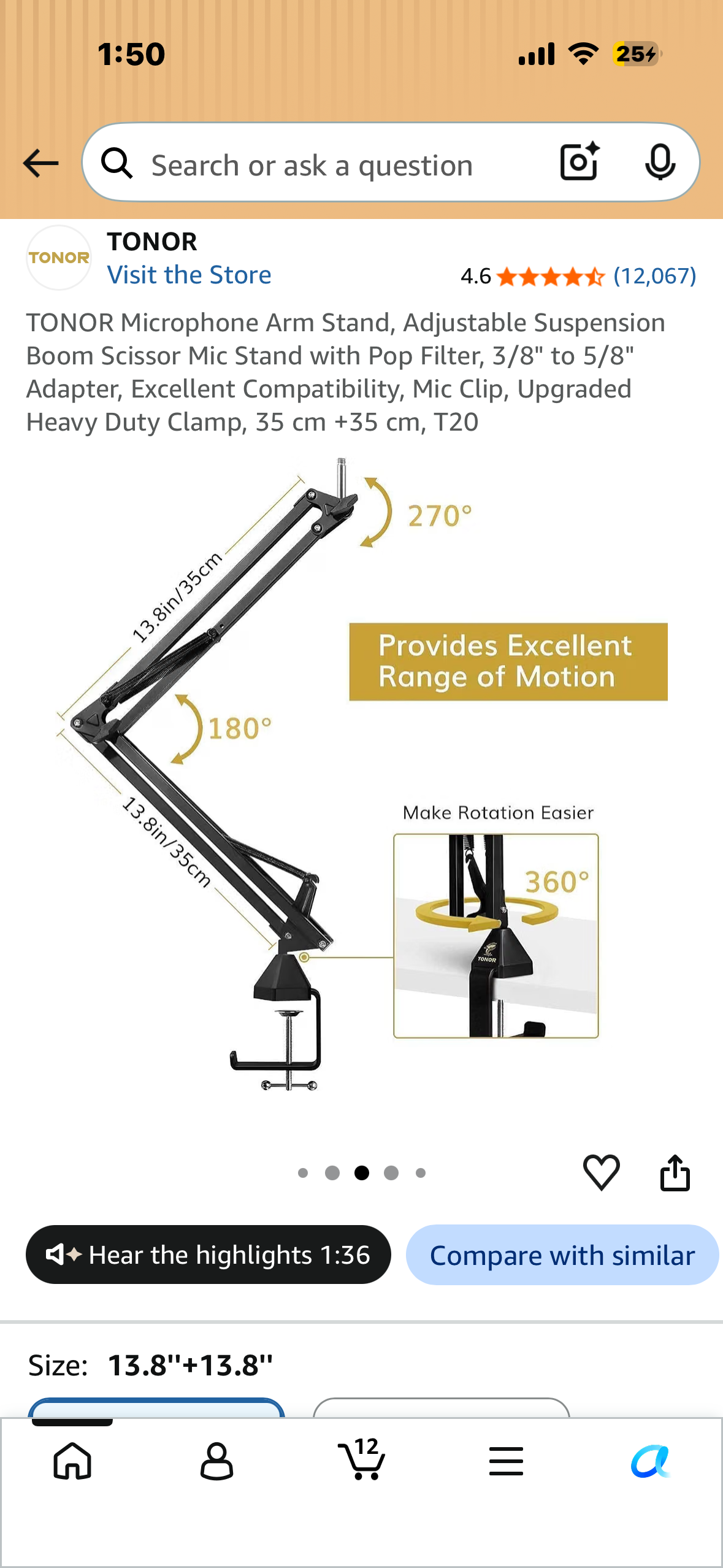 TONOR Microphone Arm Stand, Adjustable Suspension Boom Scissor Mic Stand with Pop Filter, 3/8" to 5/8" Adapter, Excellent Compatibility, Mic Clip, Upgraded Heavy Duty Clamp, 35 cm +35 cm, T20