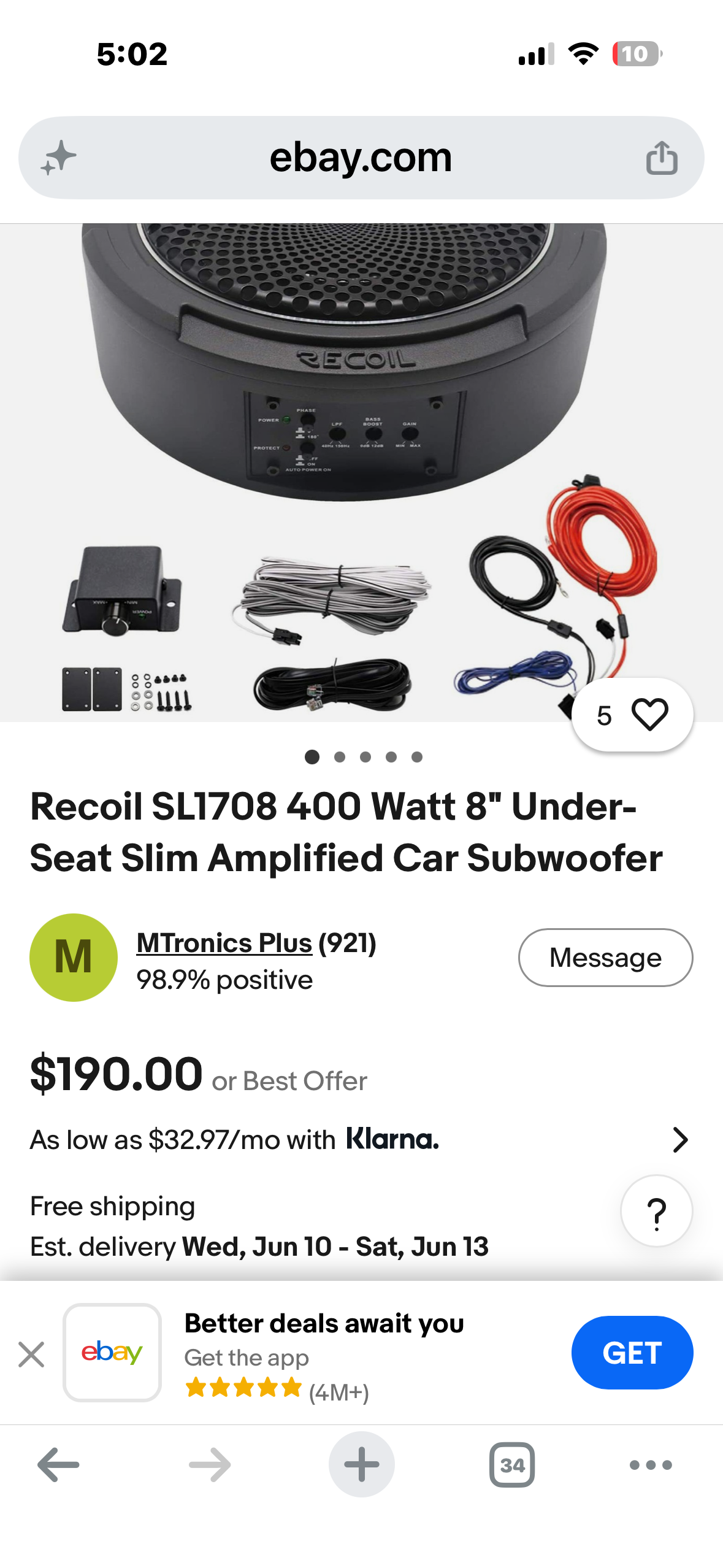 Recoil SL1708 400 Watt 8" Under-Seat Slim Amplified Car Subwoofer+Wire Kit