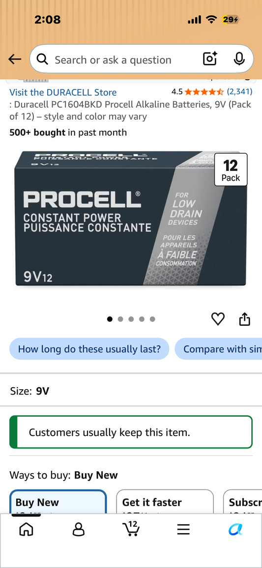 Duracell PC1604BKD Procell Alkaline Batteries, 9V (Pack of 12)