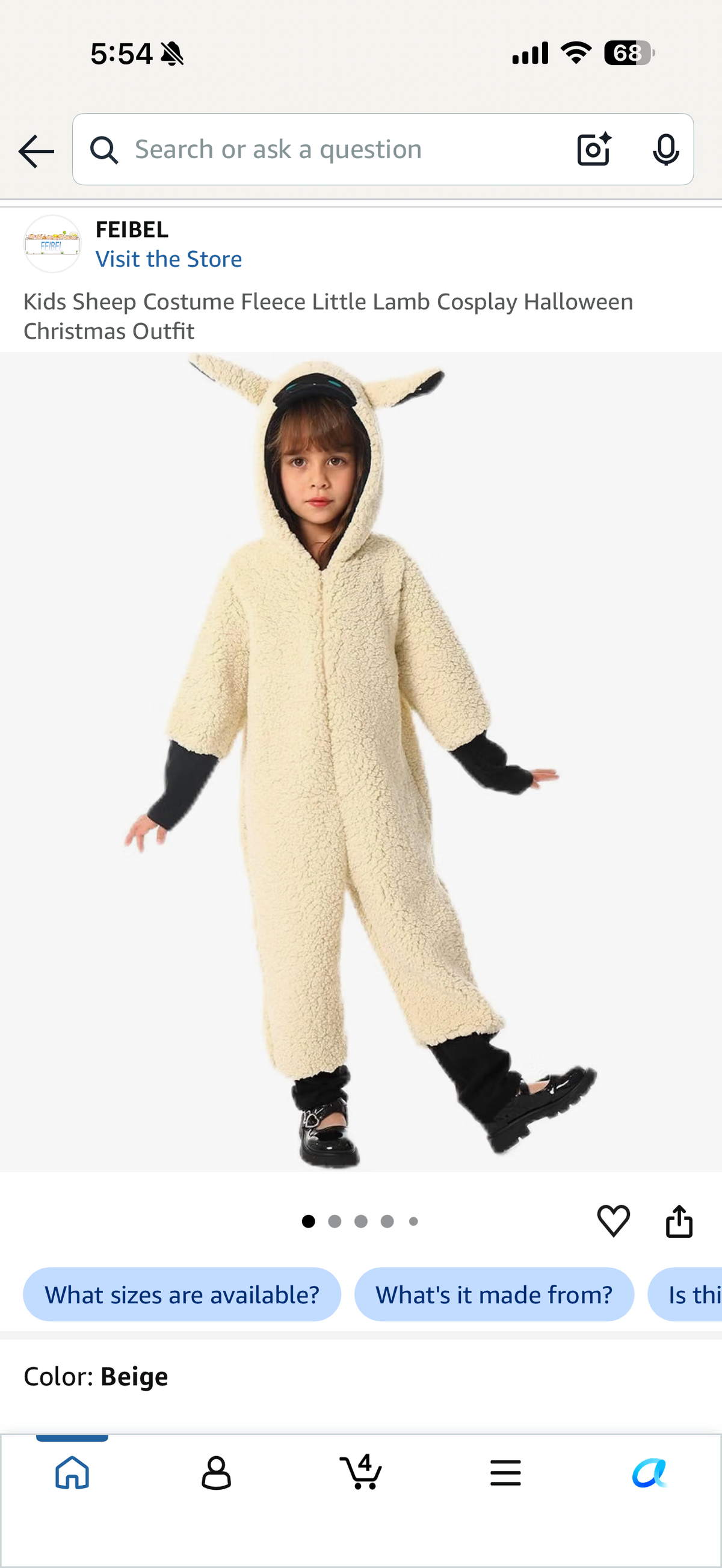 Kids Sheep Costume Fleece Little Lamb Cosplay Halloween Christmas Outfit (Size 5/6)
