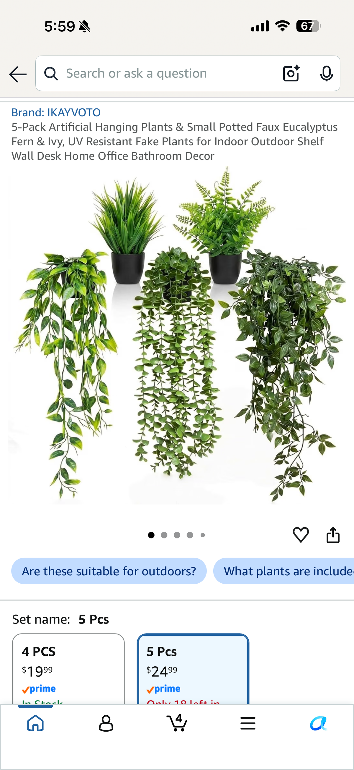5-Pack Artificial Hanging Plants & Small Potted Faux Eucalyptus Fern & Ivy, UV Resistant Fake Plants for Indoor Outdoor Shelf Wall Desk Home Office Bathroom Decor