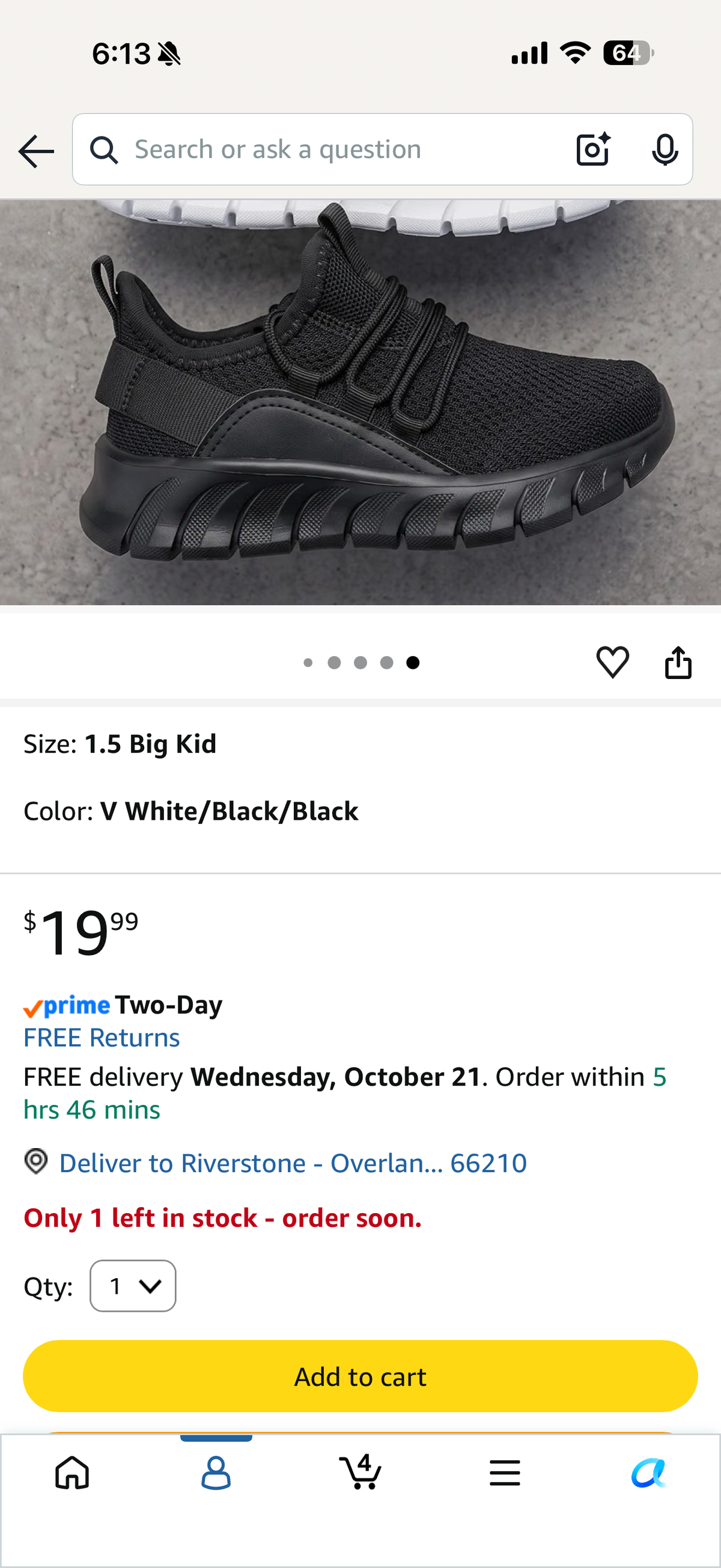 Kids Running Sneakers Boys Girls Tennis Shoes (Black, Size 4)