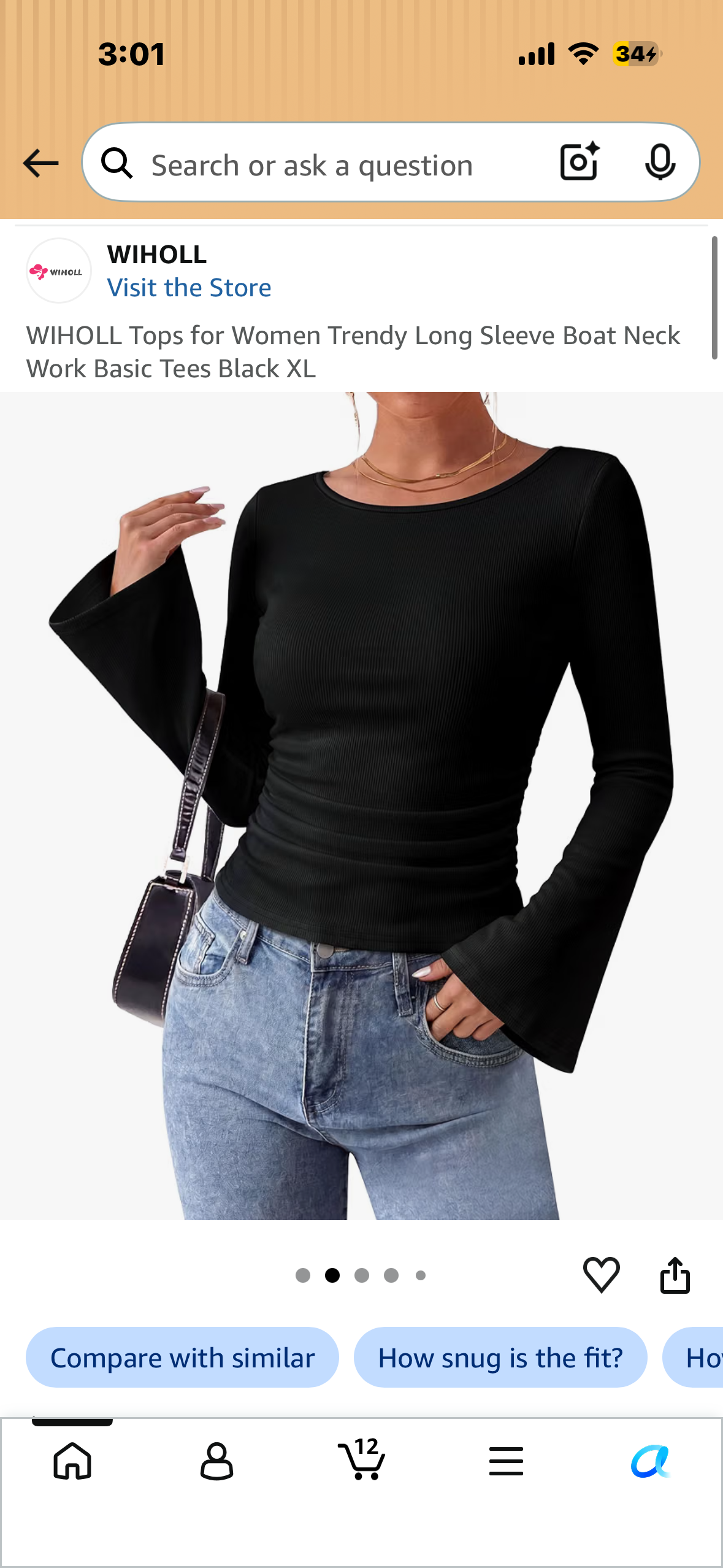 Trendy Long Sleeve Boat Neck Work Basic Tees Black (Size Large)
