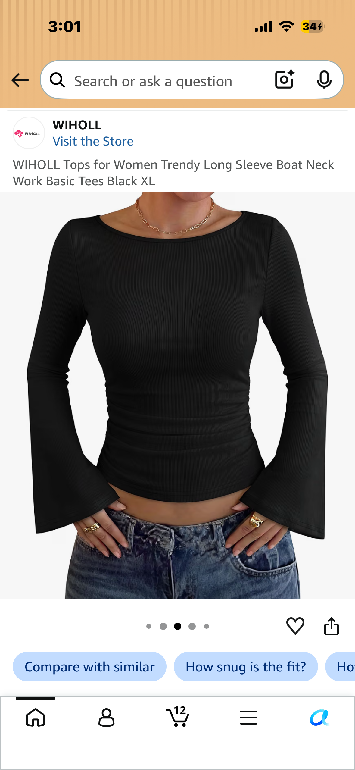 Trendy Long Sleeve Boat Neck Work Basic Tees Black (Size Large)