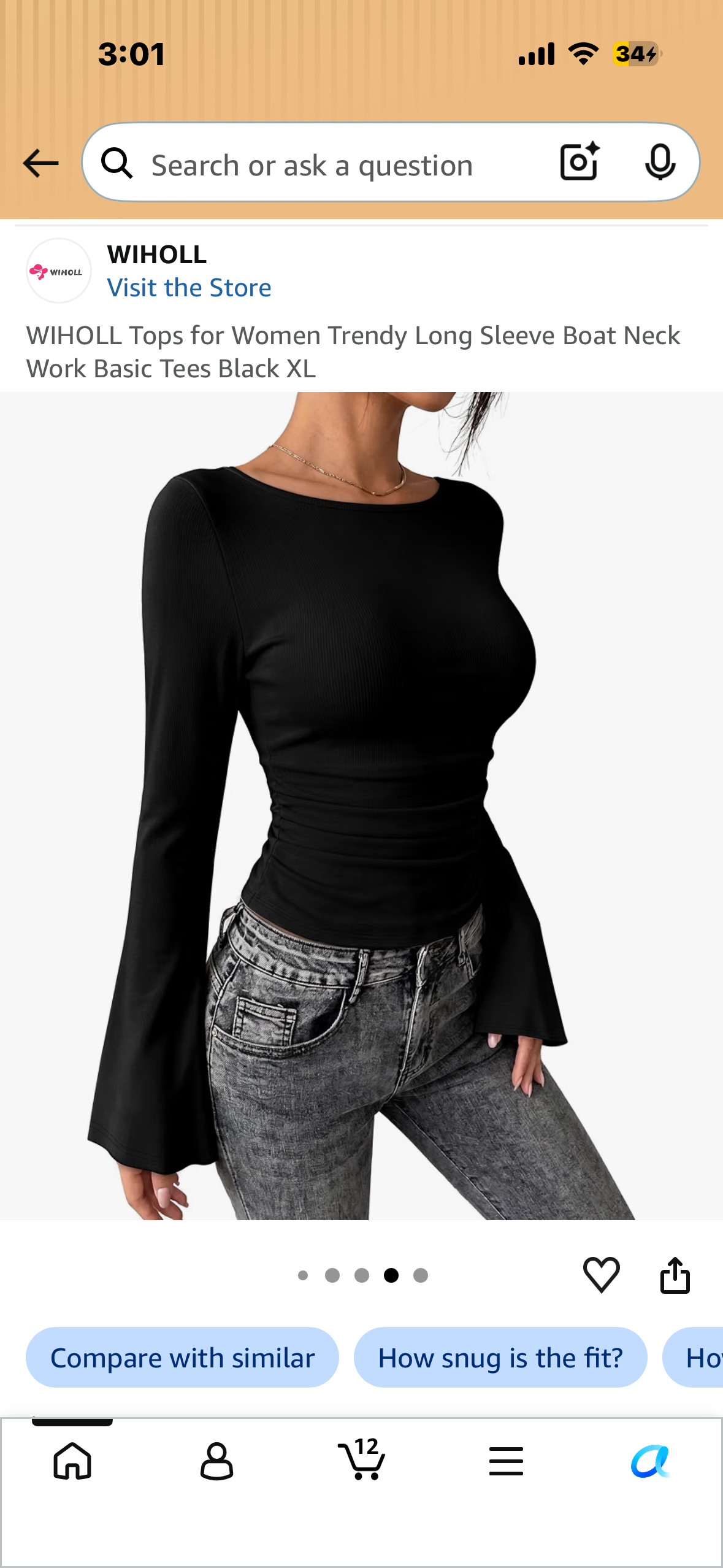 Trendy Long Sleeve Boat Neck Work Basic Tees Black (Size Large)