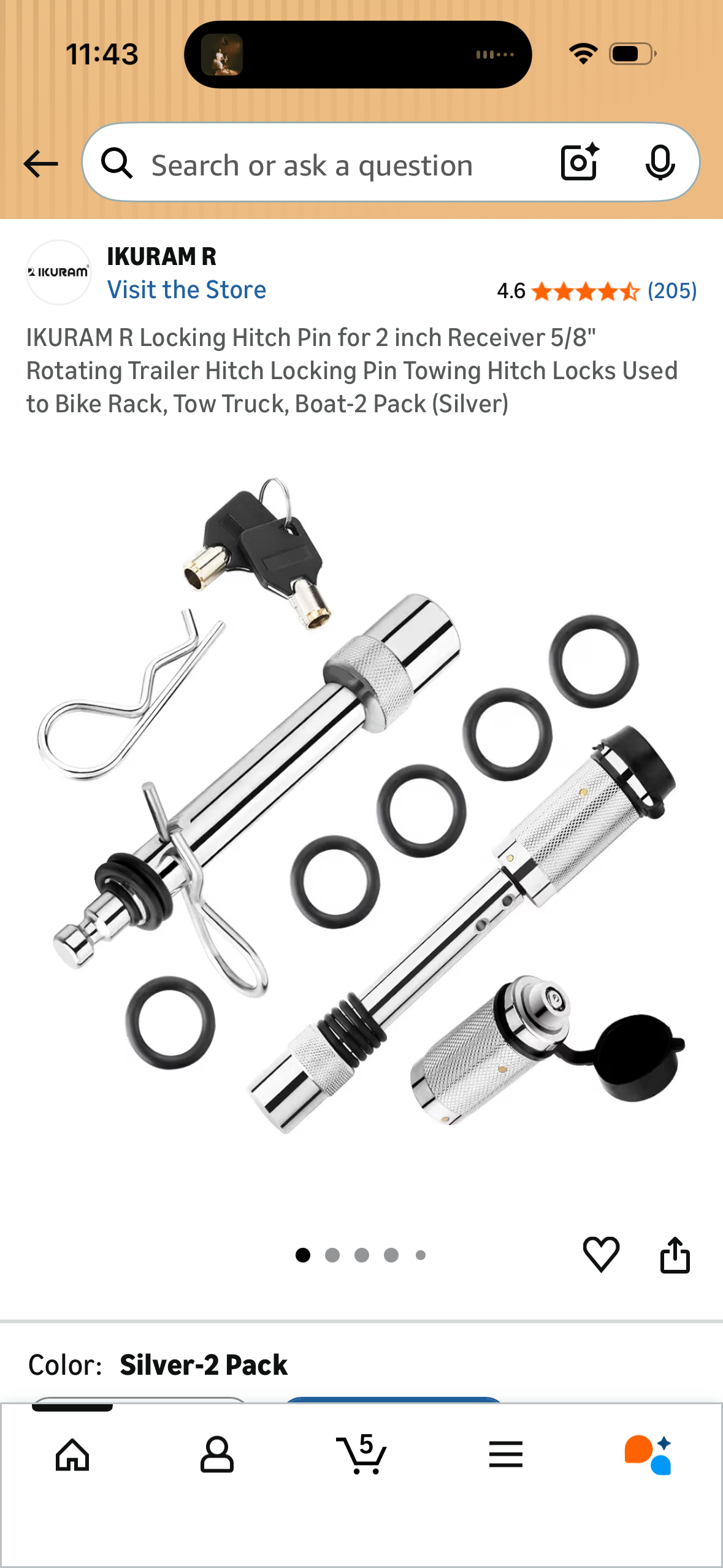 IKURAM R Locking Hitch Pin for 2 inch Receiver 5/8" Rotating Trailer Hitch Locking Pin Towing Hitch Locks Used to Bike Rack, Tow Truck, Boat-2 Pack (Silver)