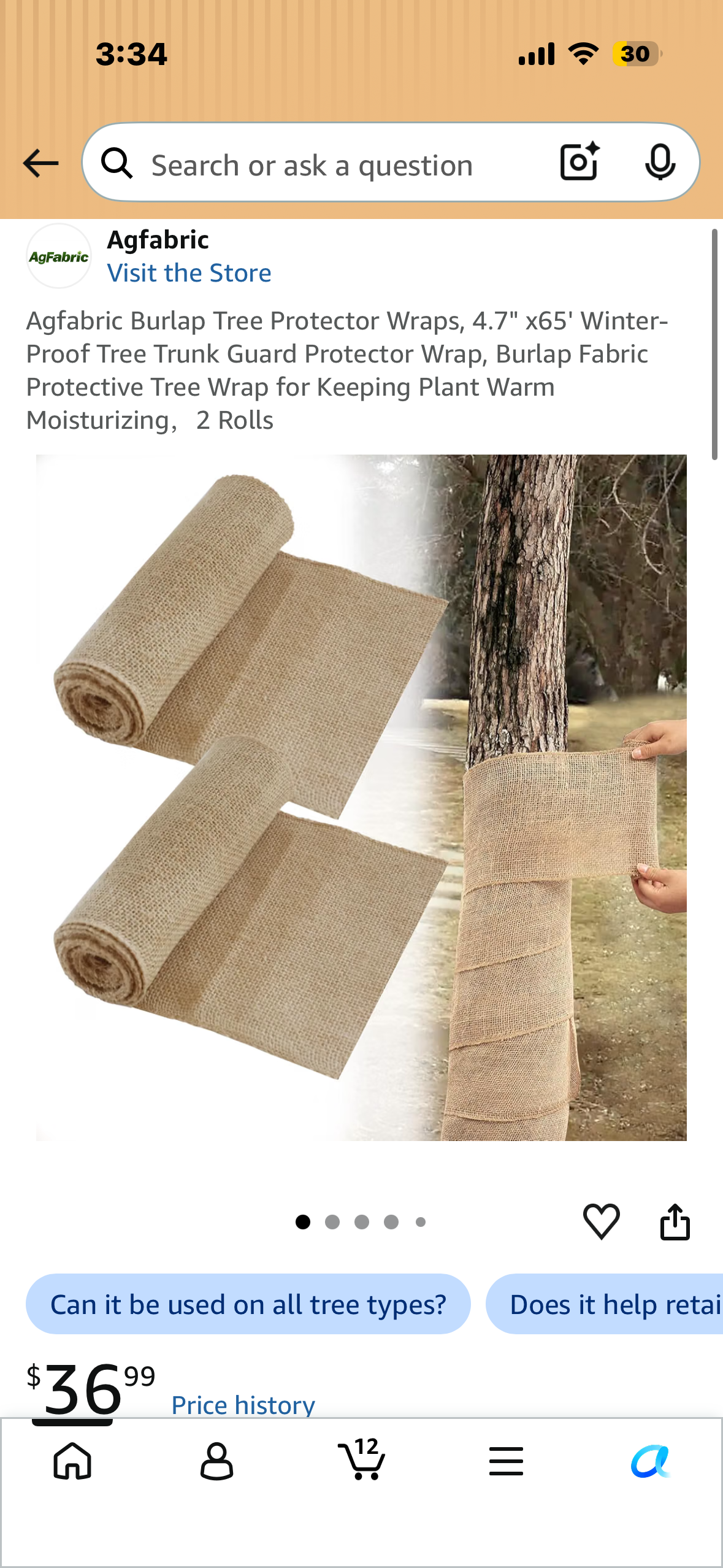 Agfabric Burlap Tree Protector Wraps, 4.7" x65' Winter-Proof Tree Trunk Guard Protector Wrap, Burlap Fabric Protective Tree Wrap for Keeping Plant Warm Moisturizing，2 Rolls