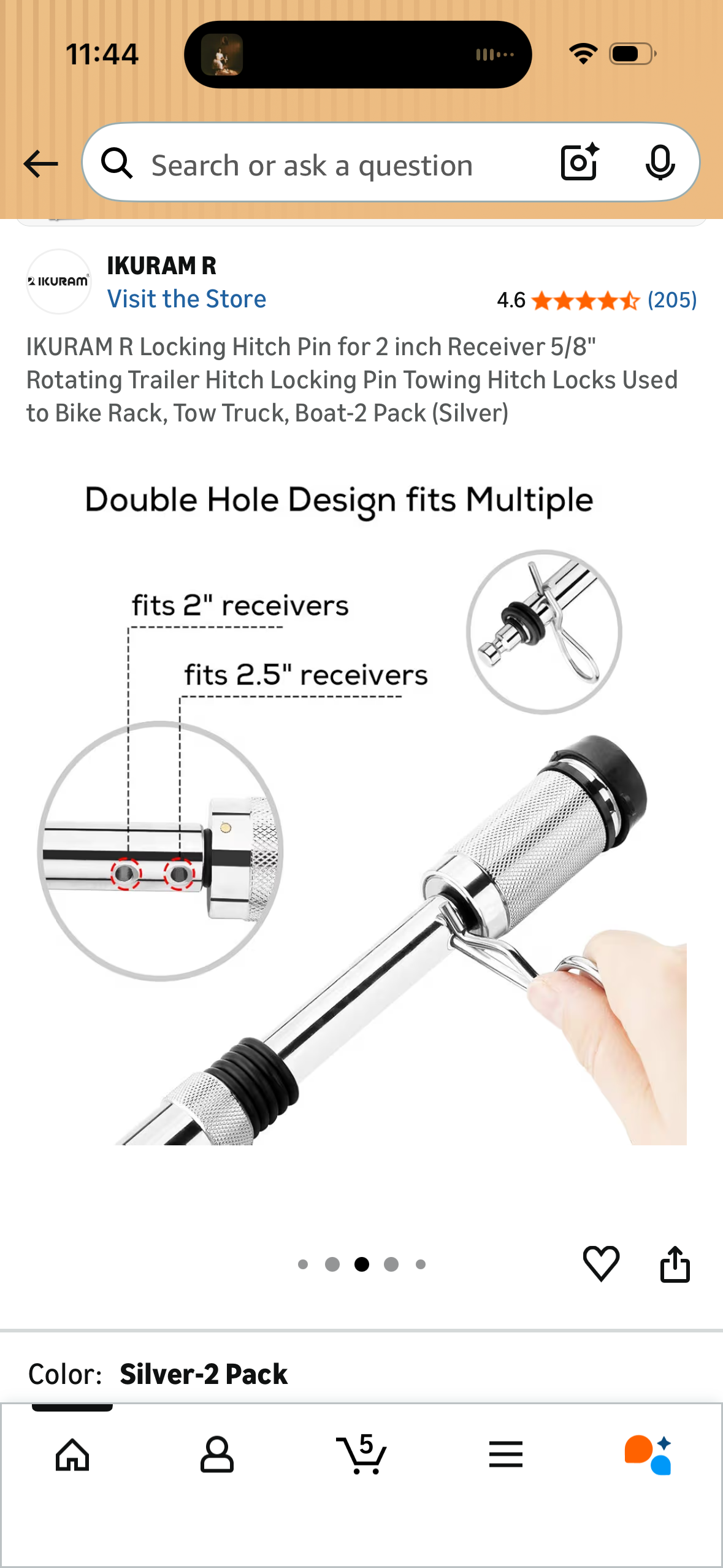 IKURAM R Locking Hitch Pin for 2 inch Receiver 5/8" Rotating Trailer Hitch Locking Pin Towing Hitch Locks Used to Bike Rack, Tow Truck, Boat-2 Pack (Silver)