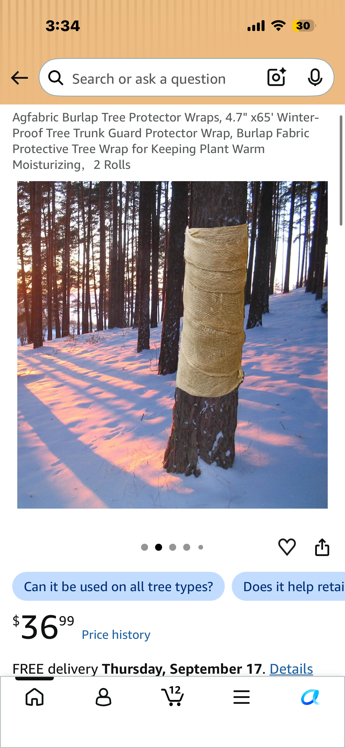 Agfabric Burlap Tree Protector Wraps, 4.7" x65' Winter-Proof Tree Trunk Guard Protector Wrap, Burlap Fabric Protective Tree Wrap for Keeping Plant Warm Moisturizing，2 Rolls