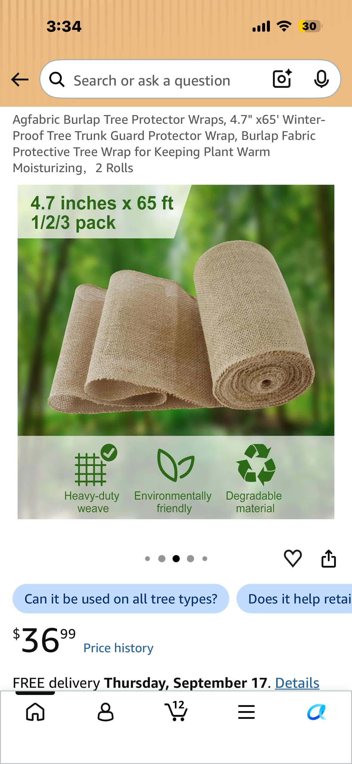 Agfabric Burlap Tree Protector Wraps, 4.7" x65' Winter-Proof Tree Trunk Guard Protector Wrap, Burlap Fabric Protective Tree Wrap for Keeping Plant Warm Moisturizing，2 Rolls