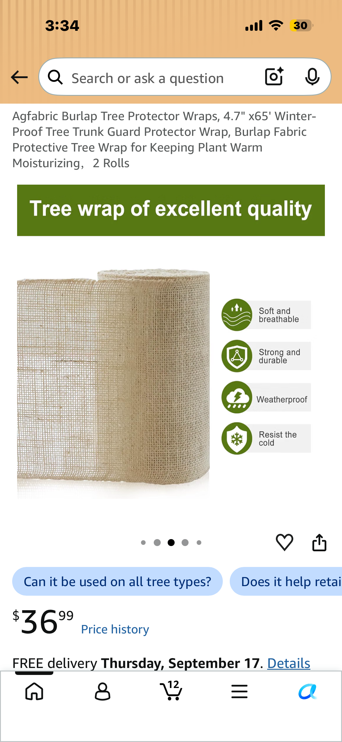 Agfabric Burlap Tree Protector Wraps, 4.7" x65' Winter-Proof Tree Trunk Guard Protector Wrap, Burlap Fabric Protective Tree Wrap for Keeping Plant Warm Moisturizing，2 Rolls