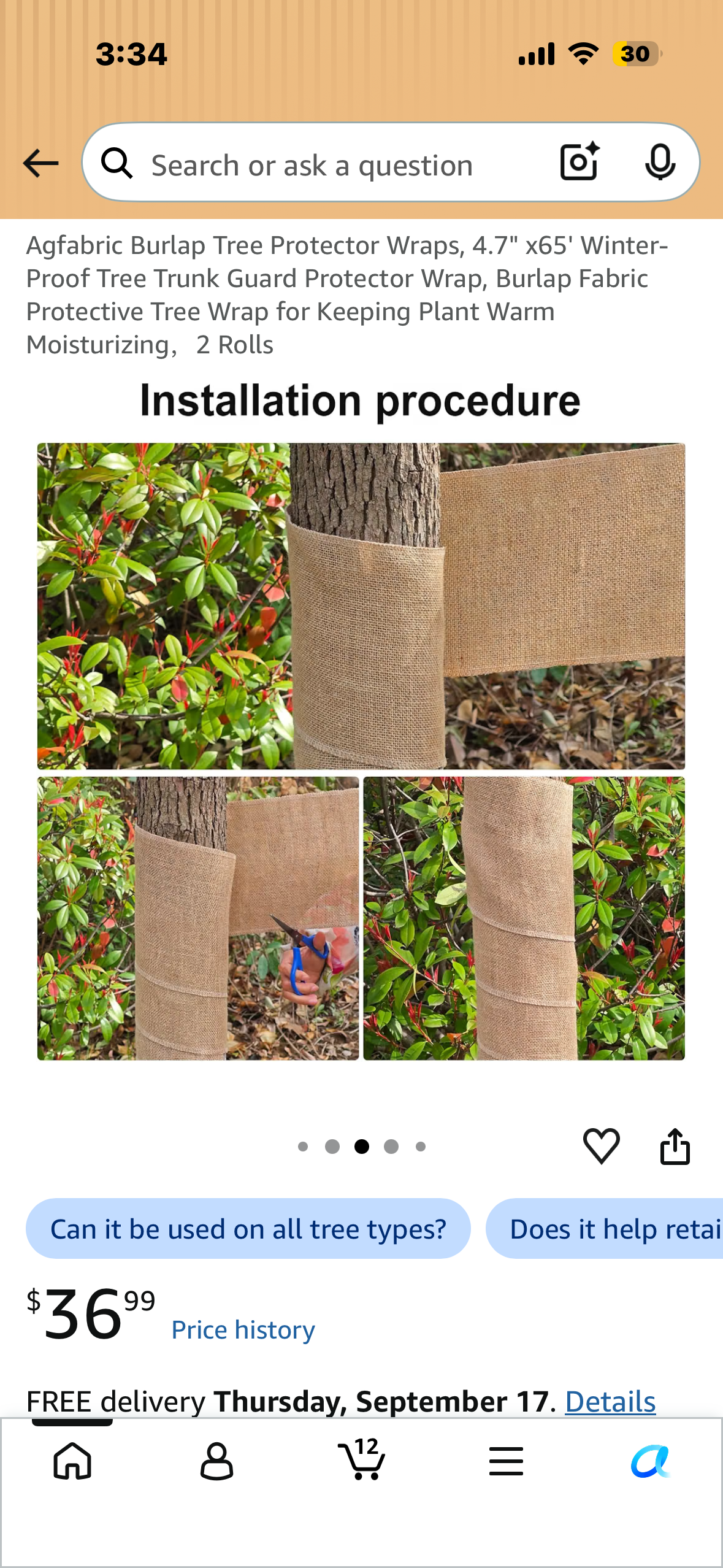 Agfabric Burlap Tree Protector Wraps, 4.7" x65' Winter-Proof Tree Trunk Guard Protector Wrap, Burlap Fabric Protective Tree Wrap for Keeping Plant Warm Moisturizing，2 Rolls