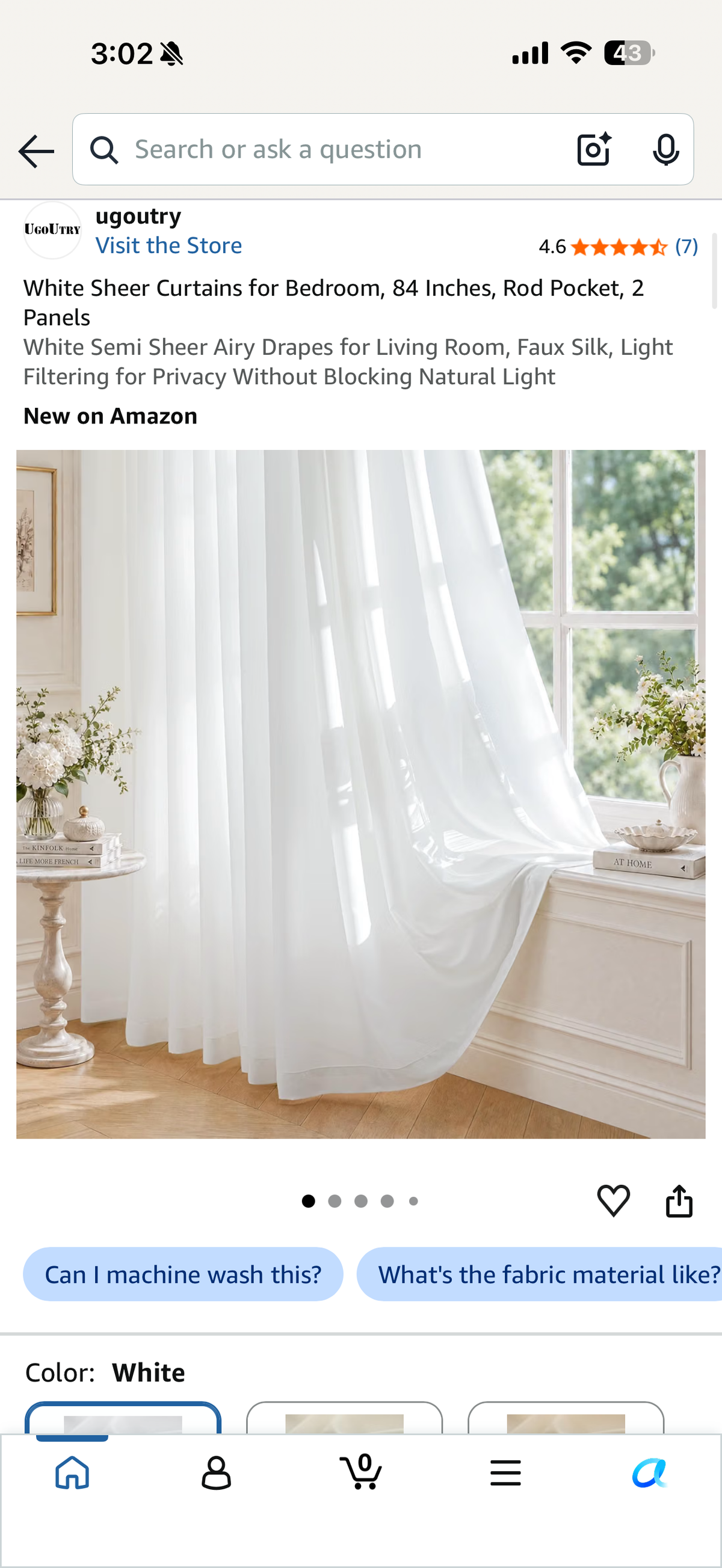 White Sheer Curtains for Bedroom, 84 Inches, Rod Pocket, 2 Panels
