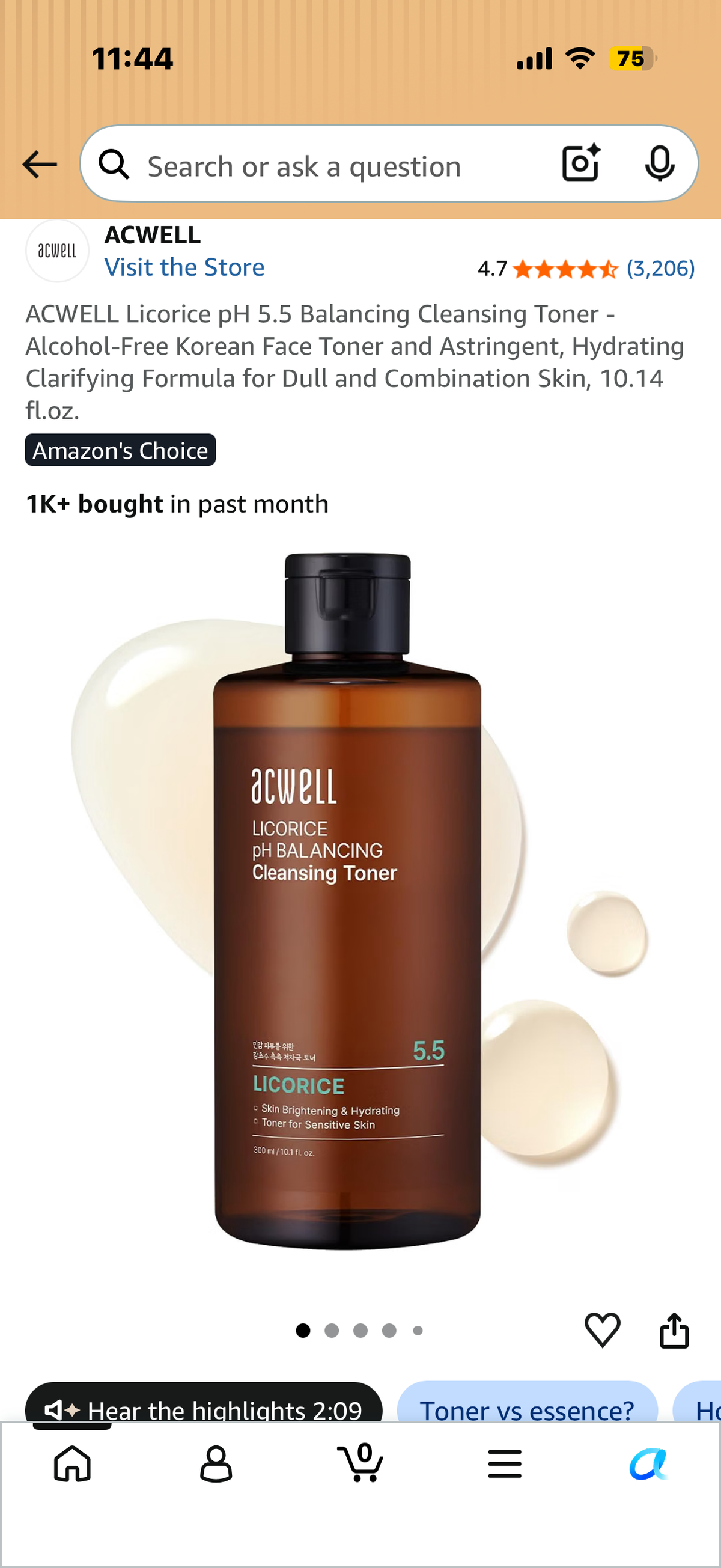 ACWELL Licorice pH 5.5 Balancing Cleansing Toner - Alcohol-Free Korean Face Toner and Astringent, Hydrating Clarifying Formula for Dull and Combination Skin, 10.14 fl.oz