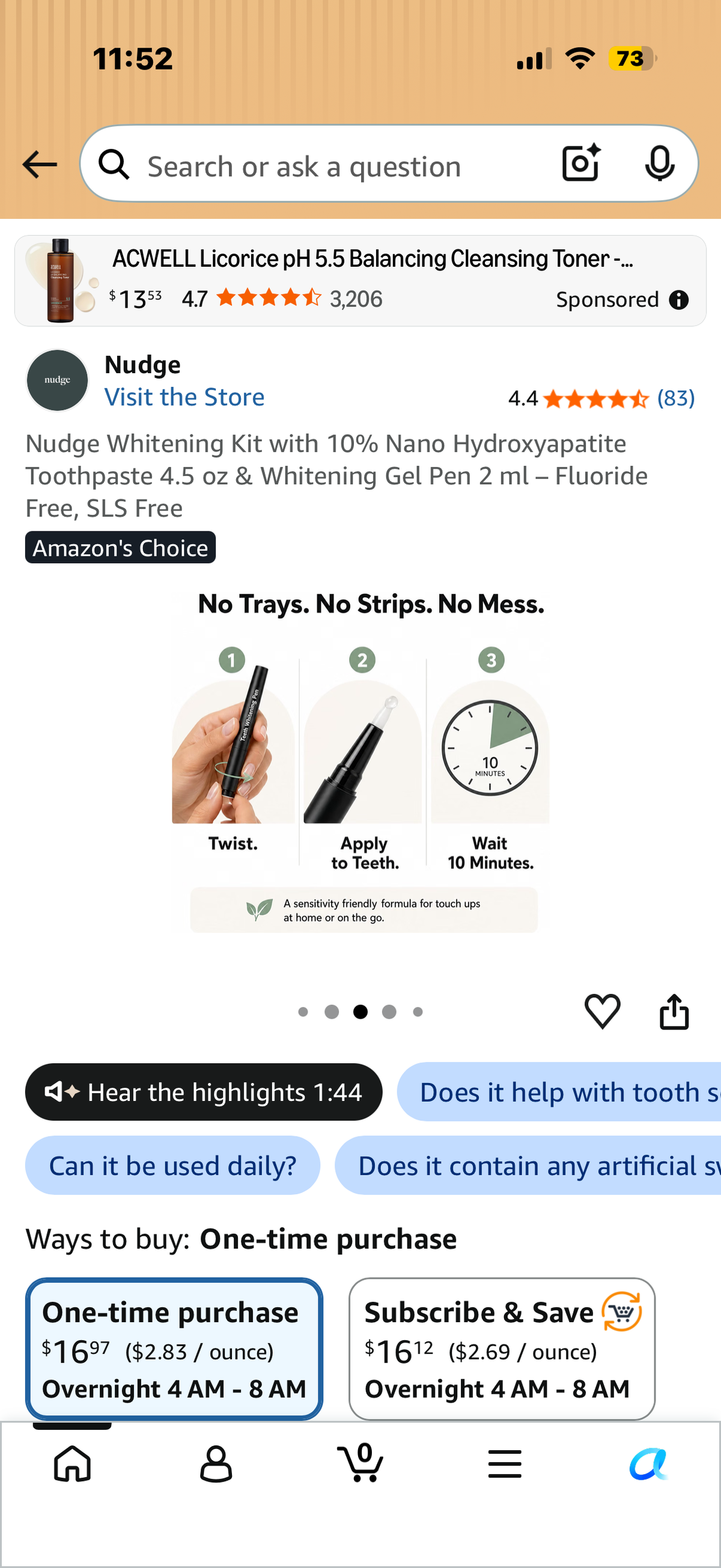 Nudge Whitening Kit with 10% Nano Hydroxyapatite Toothpaste 4.5 oz & Whitening Gel Pen 2 ml – Fluoride Free, SLS Free