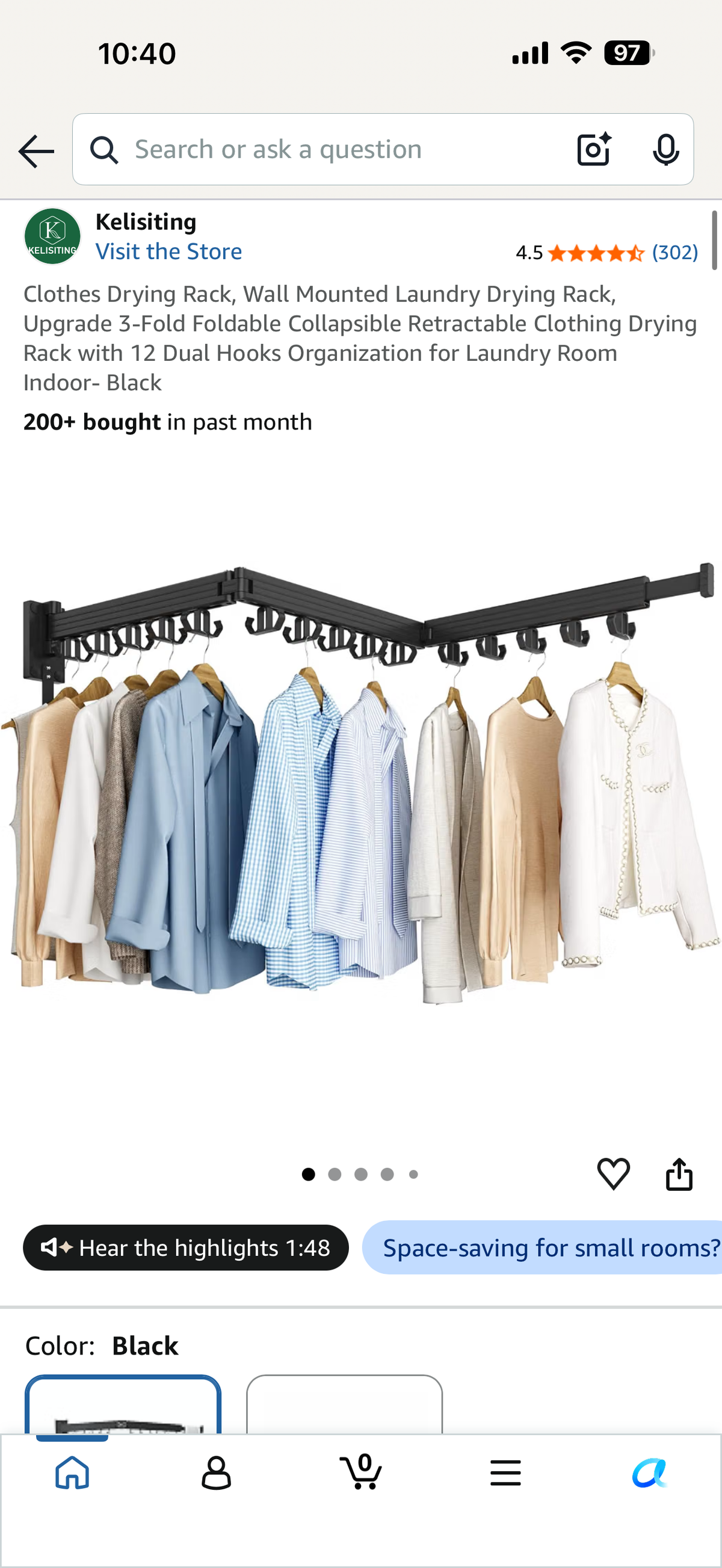 Clothes Drying Rack, Wall Mounted Laundry Drying Rack, Upgrade 3-Fold Foldable Collapsible Retractable Clothing Drying Rack with 12 Dual Hooks Organization for Laundry Room Indoor- Black