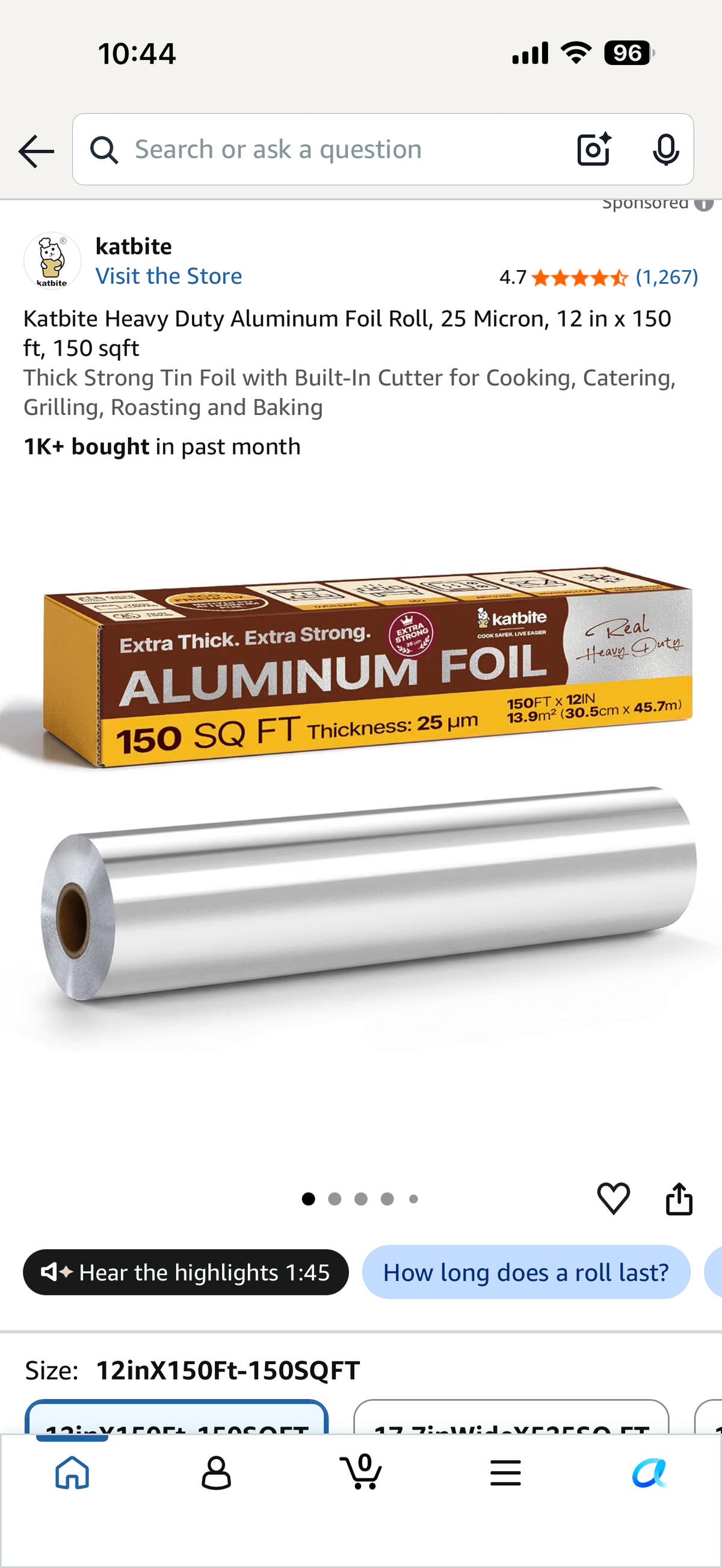 Katbite Heavy Duty Aluminum Foil Roll, 25 Micron, 12 in x 150 ft, 150 sqft