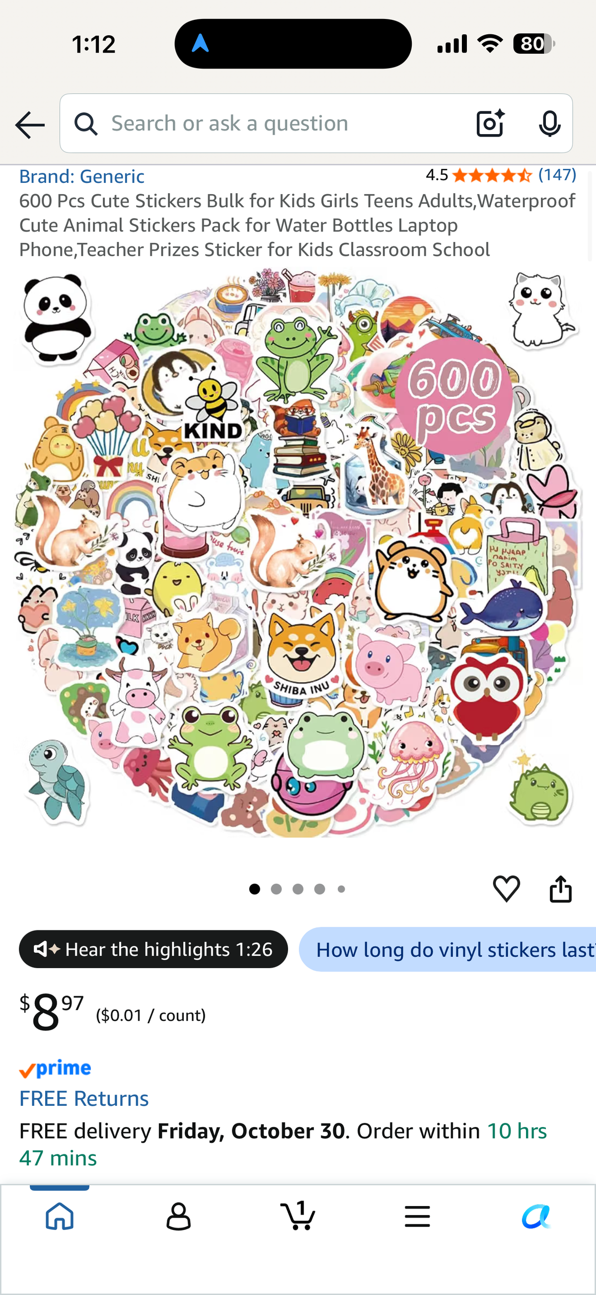 600 Pcs Cute Stickers Bulk for Kids Girls Teens Adults,Waterproof Cute Animal Stickers Pack for Water Bottles Laptop Phone,Teacher Prizes Sticker for Kids Classroom School