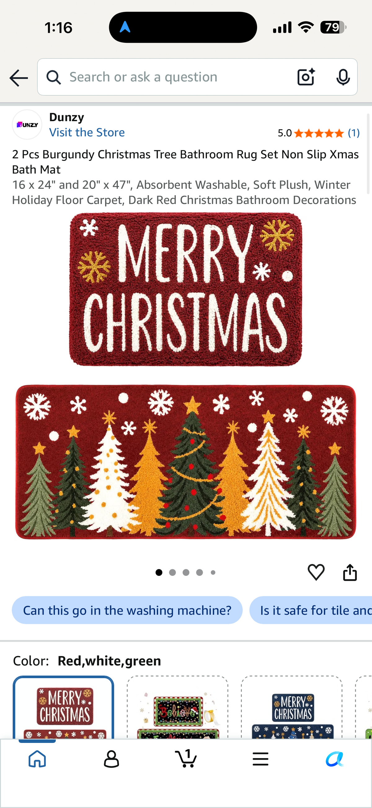 2 Pcs Burgundy Christmas Tree Bathroom Rug Set Non Slip Xmas Bath Mat