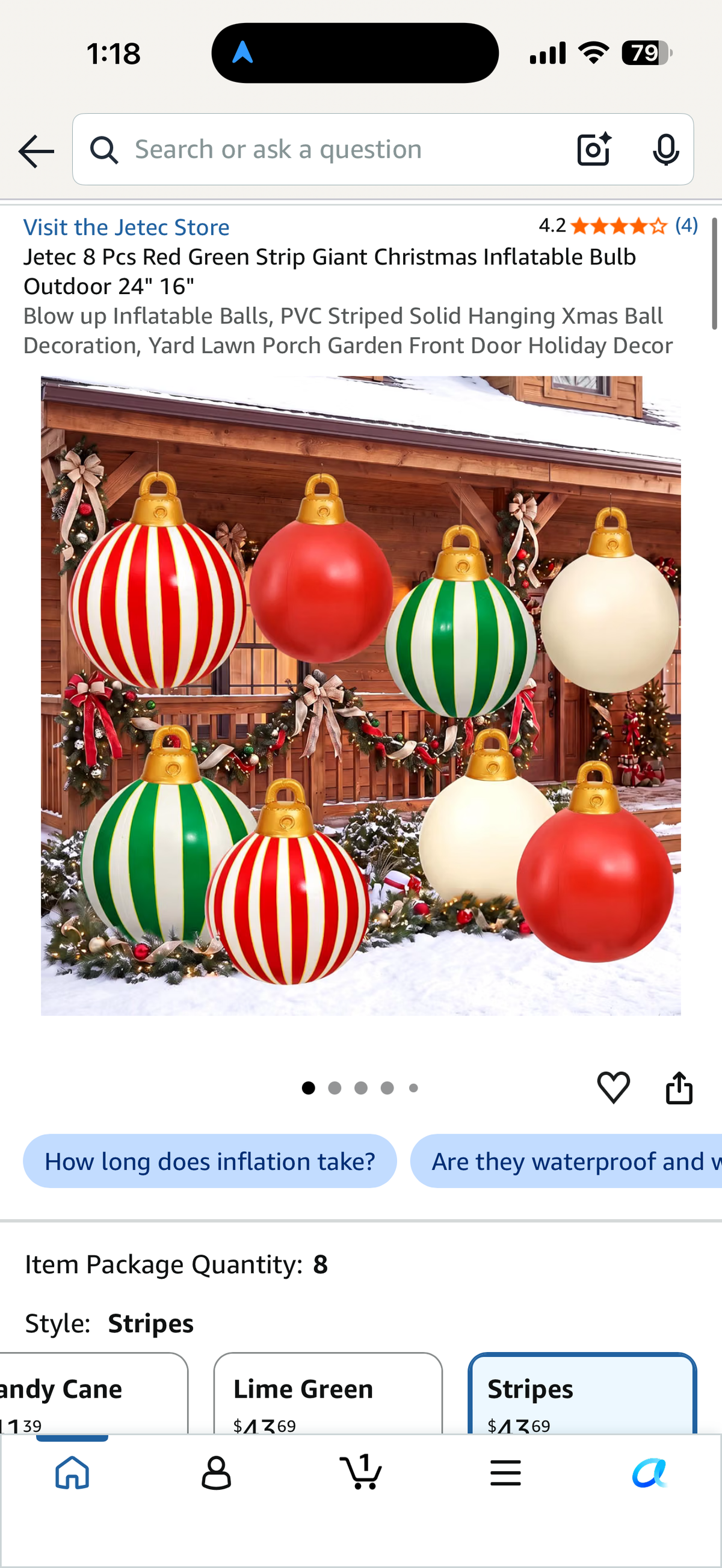 Jetec 8 Pcs Red Green Strip Giant Christmas Inflatable Bulb Outdoor 24" 16"