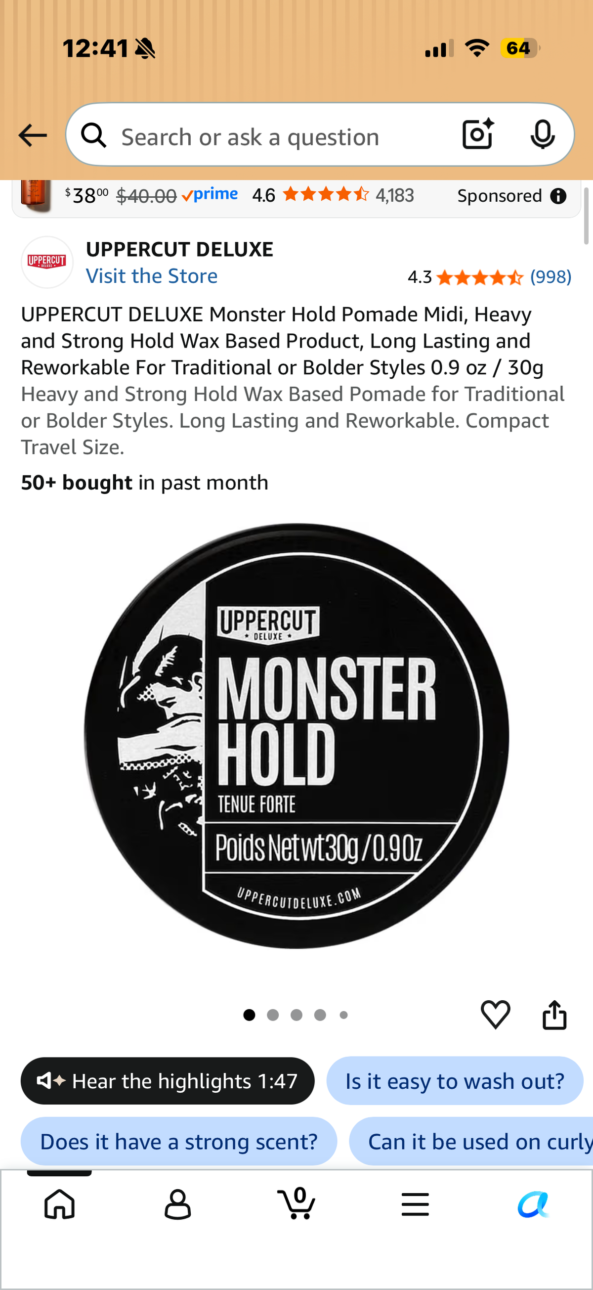 UPPERCUT DELUXE Monster Hold Pomade Midi, Heavy Hold Travel Size
