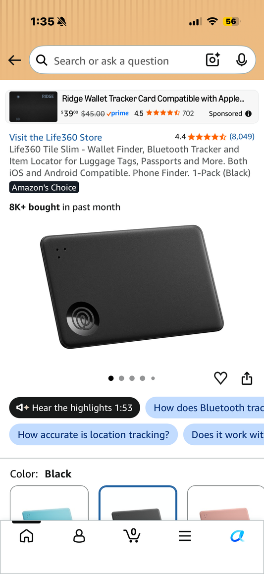 Life360 Tile Slim - Wallet Finder, Bluetooth Tracker and Item Locator for Luggage Tags, Passports and More. Both iOS and Android Compatible. Phone Finder. 1-Pack (Black