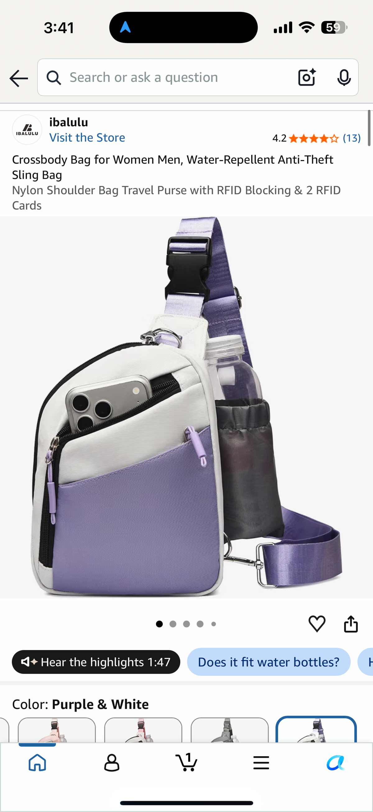 Crossbody Bag for Women Men, Water-Repellent Anti-Theft Sling Bag (Purple/White)