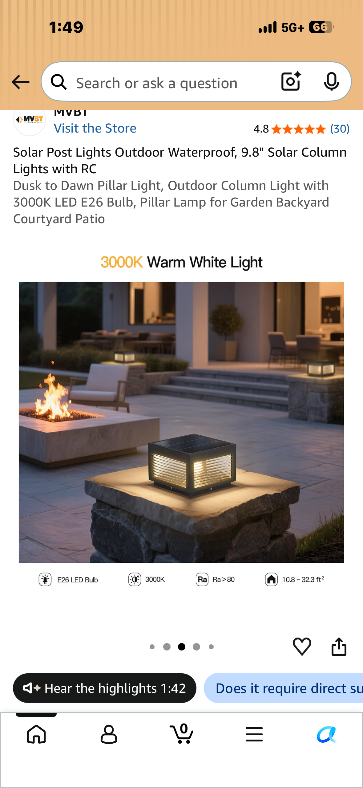 Solar Post Lights Outdoor Waterproof, 9.8" Solar Column Lights with RC Dusk to Dawn Pillar Light, Outdoor Column Light with 3000K LED E26 Bulb, Pillar Lamp for Garden Backyard Courtyard Patio