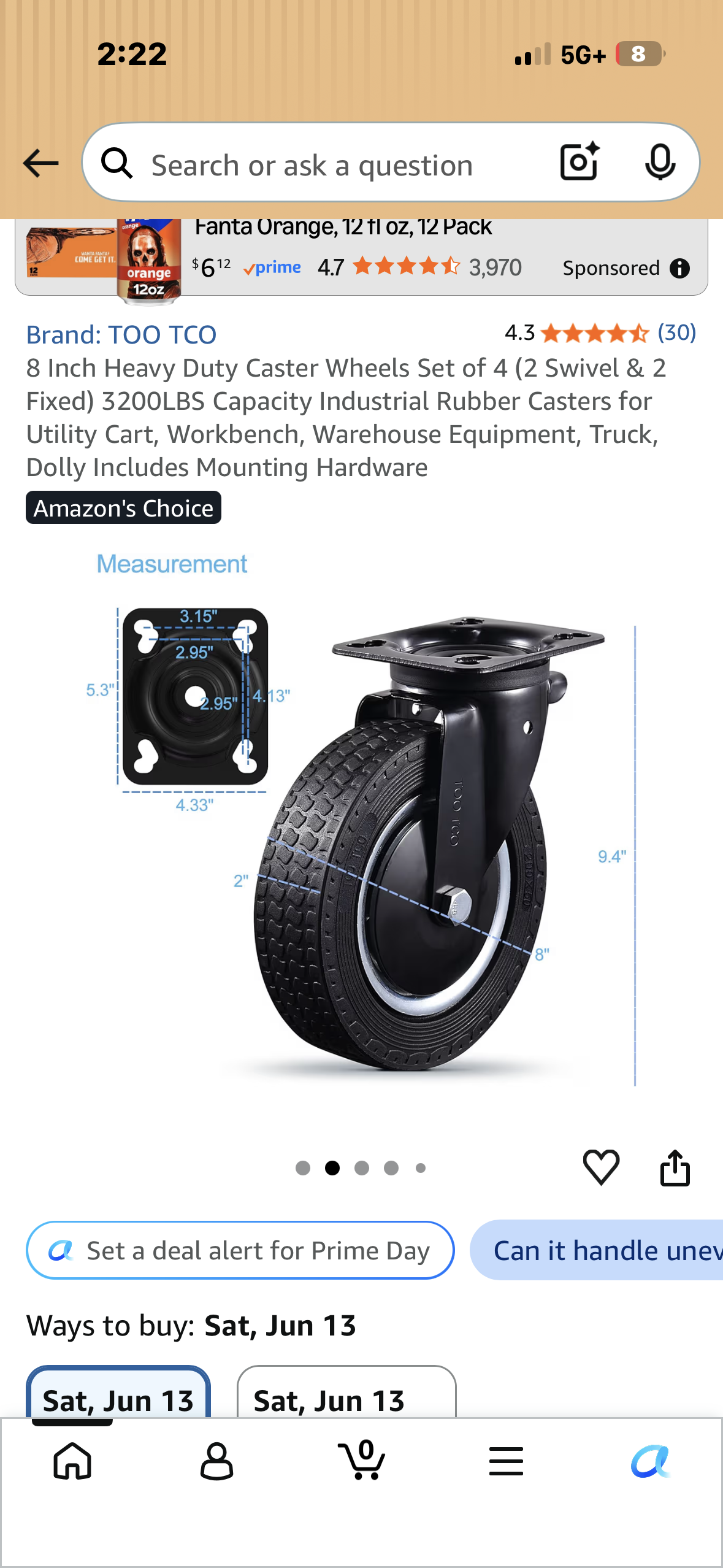 8 Inch Heavy Duty Caster Wheels, Set of 4 (2 Swivel & 2 Fixed) 3200LBS Capacity, Industrial Rubber Casters for Utility Cart, Workbench, Warehouse Equipment, Truck, Dolly Includes Mounting Hardware
