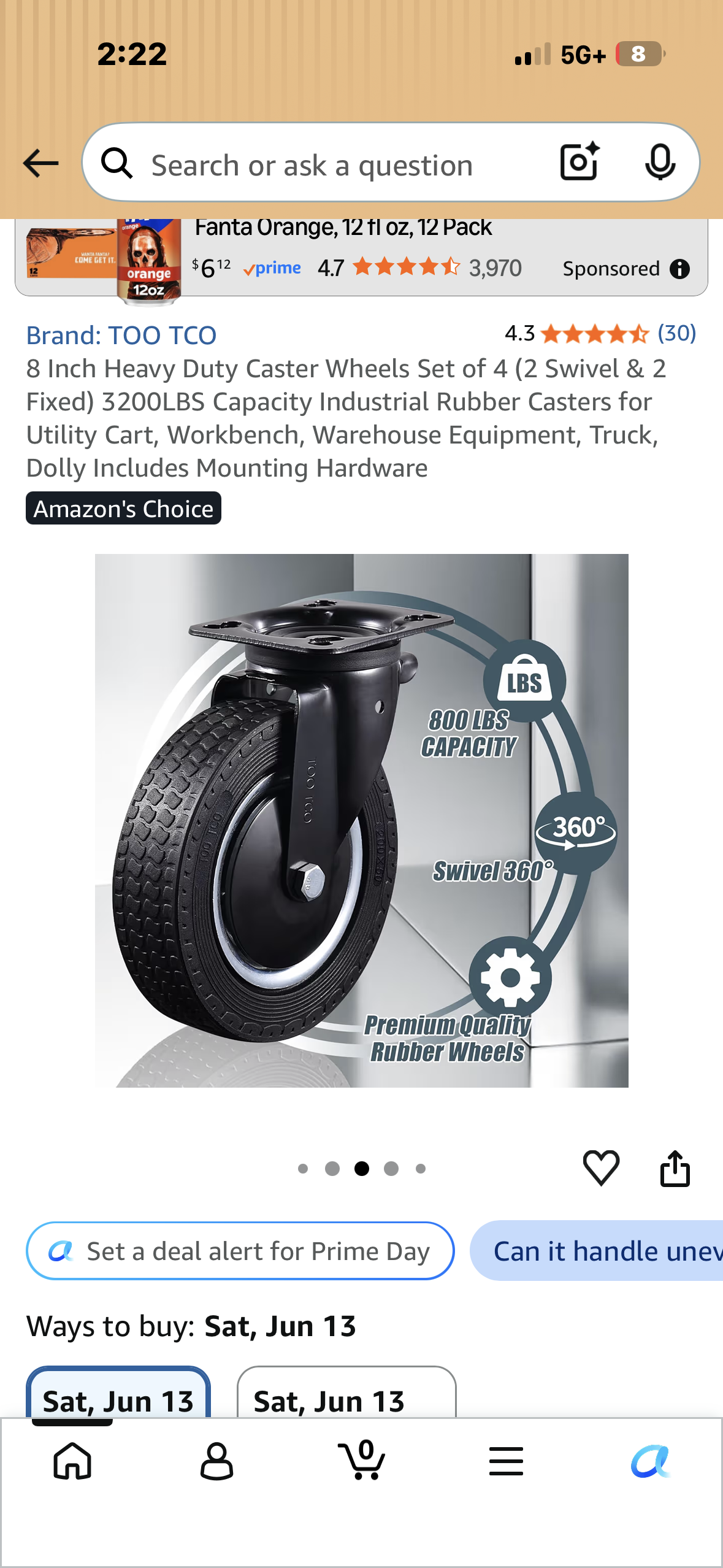 8 Inch Heavy Duty Caster Wheels, Set of 4 (2 Swivel & 2 Fixed) 3200LBS Capacity, Industrial Rubber Casters for Utility Cart, Workbench, Warehouse Equipment, Truck, Dolly Includes Mounting Hardware