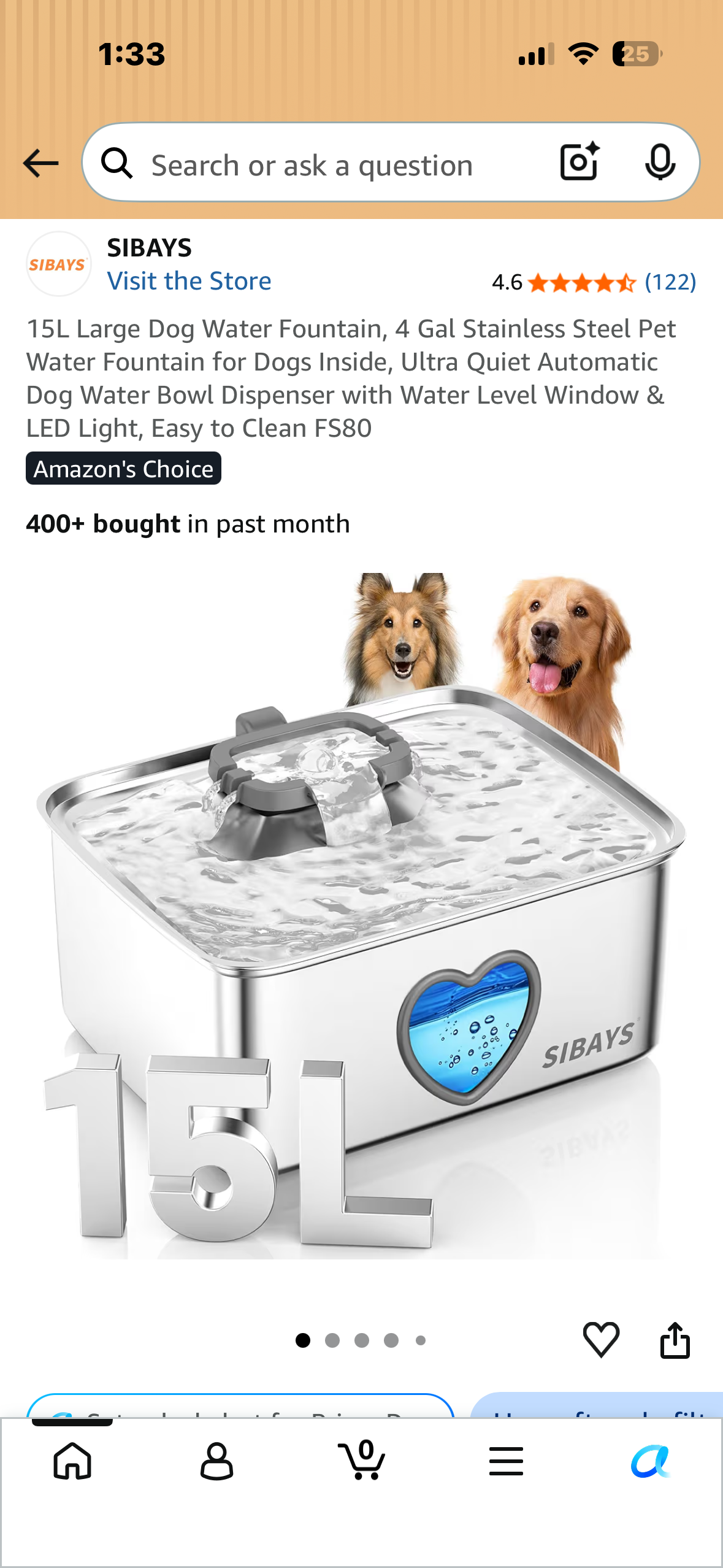 15L Large Dog Water Fountain, 4 Gal Stainless Steel Pet Water Fountain, Ultra Quiet Automatic Dog Water Bowl Dispenser with Water Level Window & LED Light, Easy to Clean
