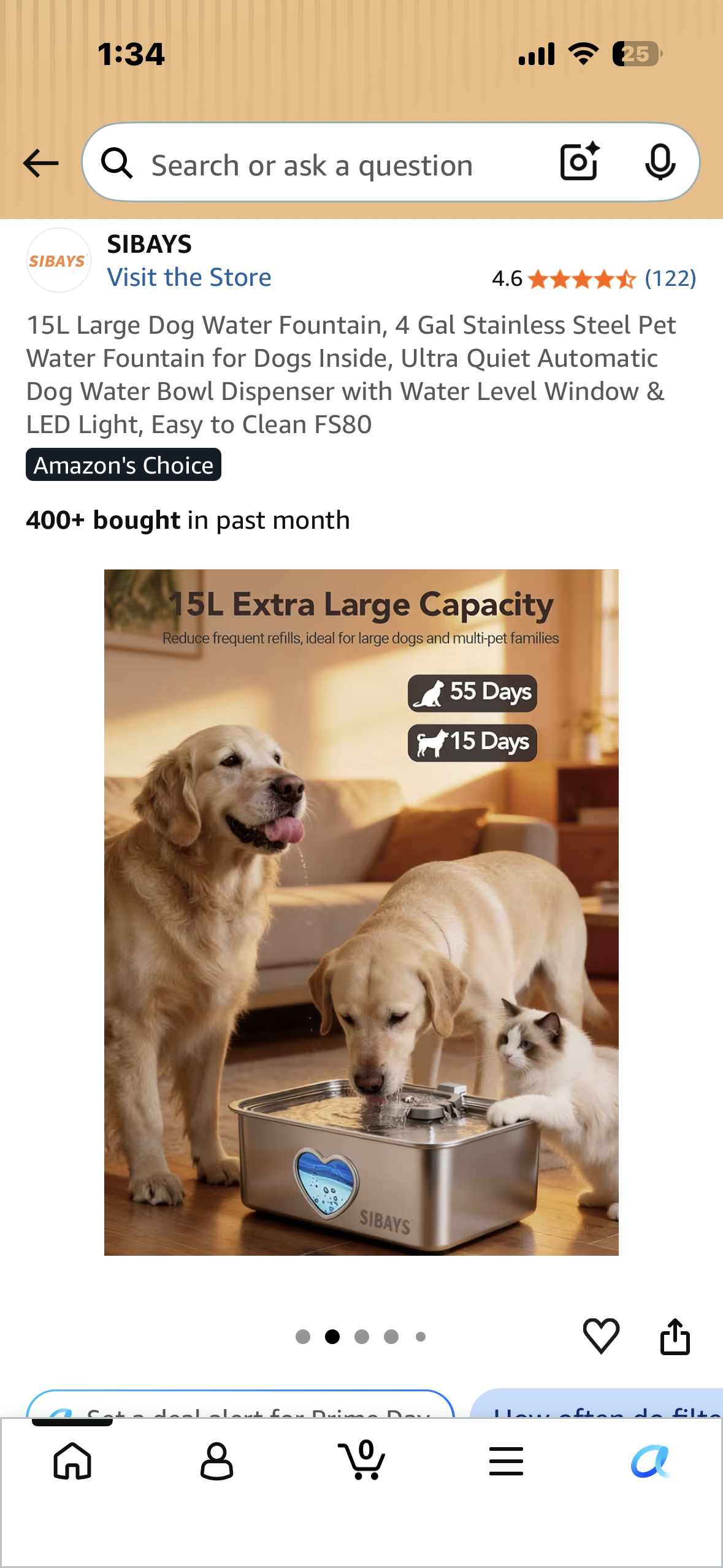 15L Large Dog Water Fountain, 4 Gal Stainless Steel Pet Water Fountain, Ultra Quiet Automatic Dog Water Bowl Dispenser with Water Level Window & LED Light, Easy to Clean