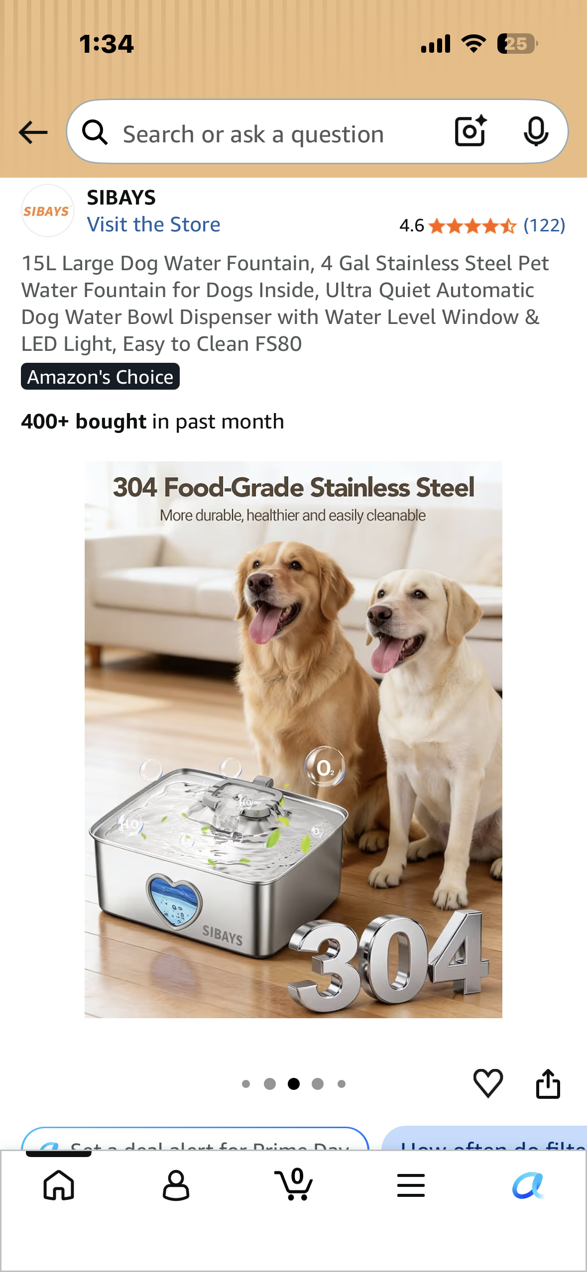 15L Large Dog Water Fountain, 4 Gal Stainless Steel Pet Water Fountain, Ultra Quiet Automatic Dog Water Bowl Dispenser with Water Level Window & LED Light, Easy to Clean