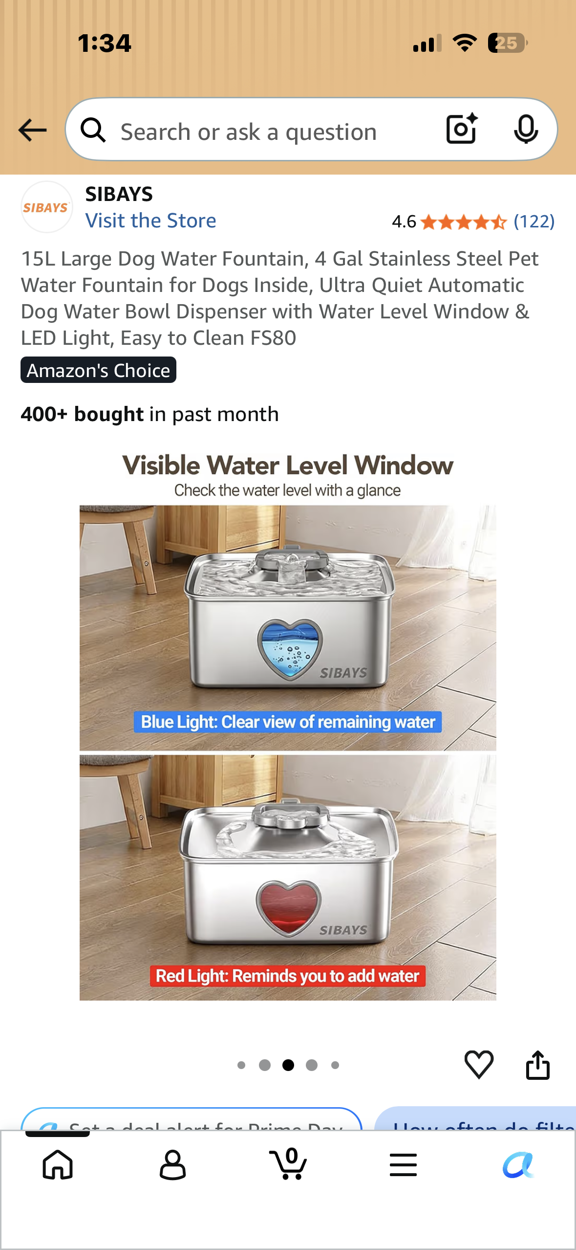 15L Large Dog Water Fountain, 4 Gal Stainless Steel Pet Water Fountain, Ultra Quiet Automatic Dog Water Bowl Dispenser with Water Level Window & LED Light, Easy to Clean