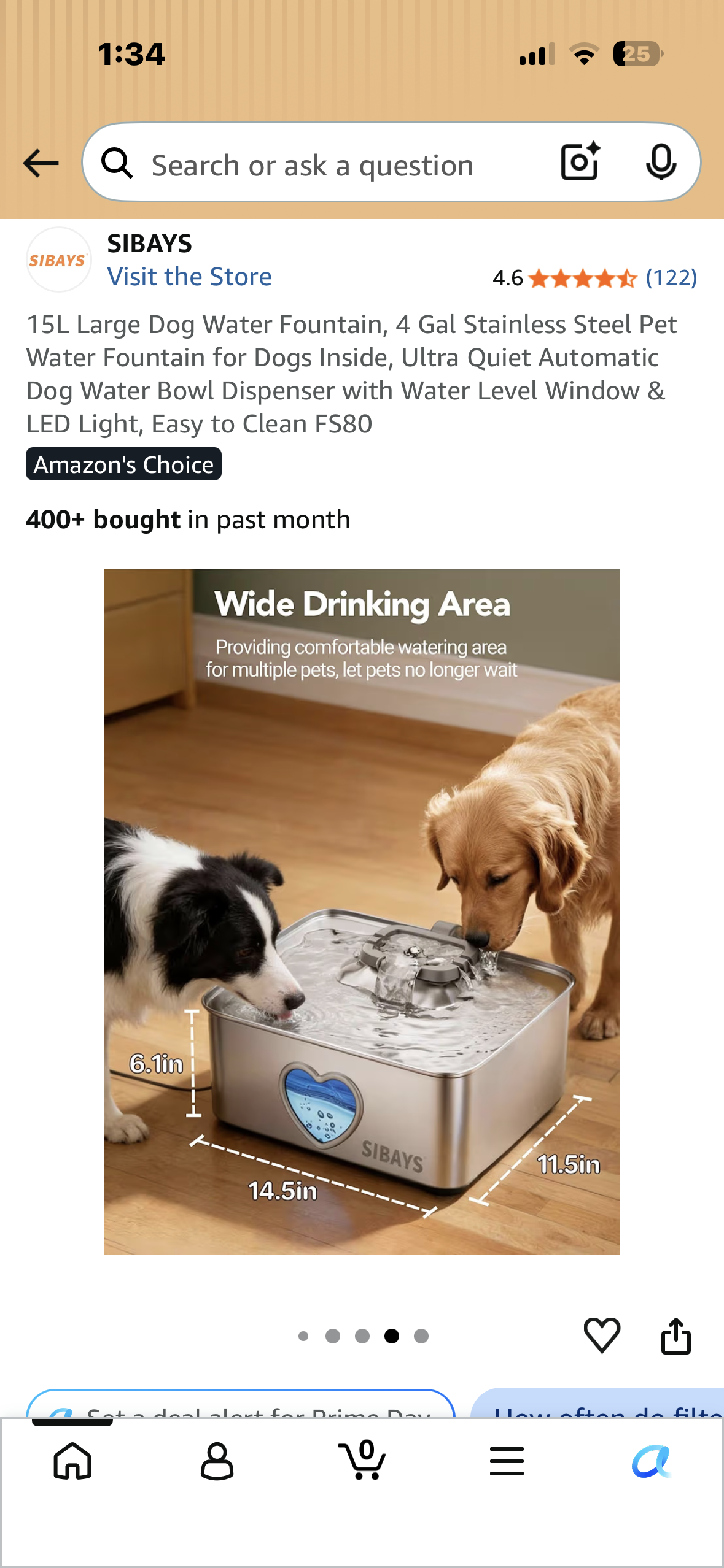 15L Large Dog Water Fountain, 4 Gal Stainless Steel Pet Water Fountain, Ultra Quiet Automatic Dog Water Bowl Dispenser with Water Level Window & LED Light, Easy to Clean