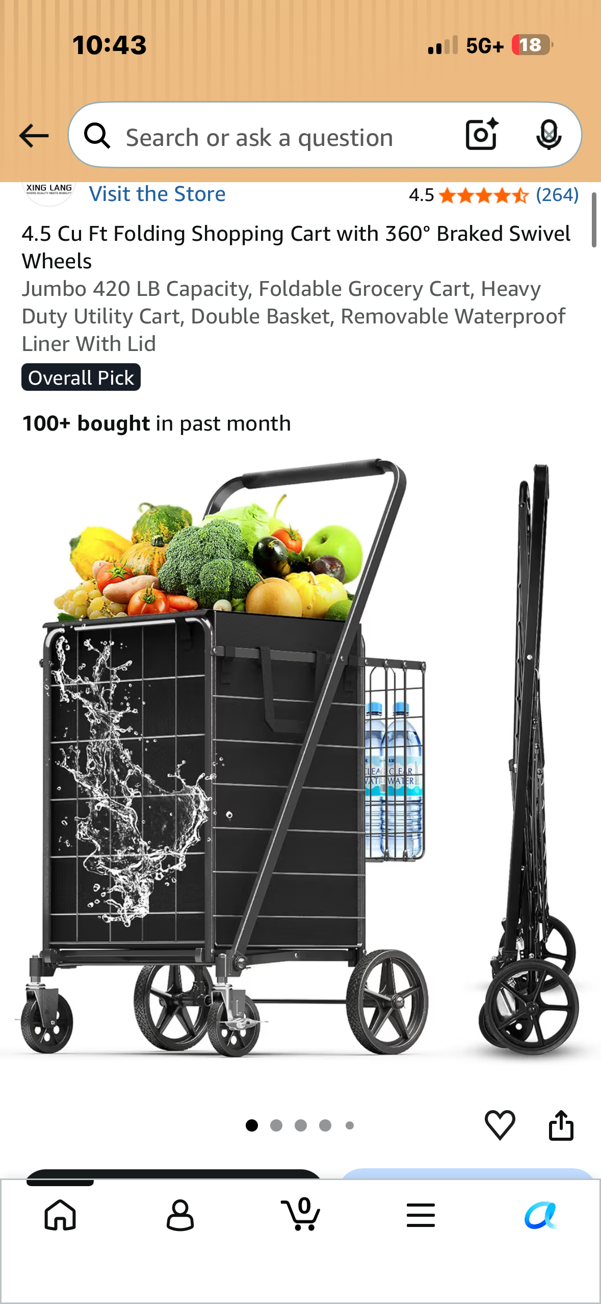 4.5 Cu Ft Folding Shopping Cart with 360° Braked Swivel Wheels Jumbo 420 LB Capacity, Foldable Grocery Cart, Heavy Duty Utility Cart, Double Basket, Removable Waterproof Liner With Lid