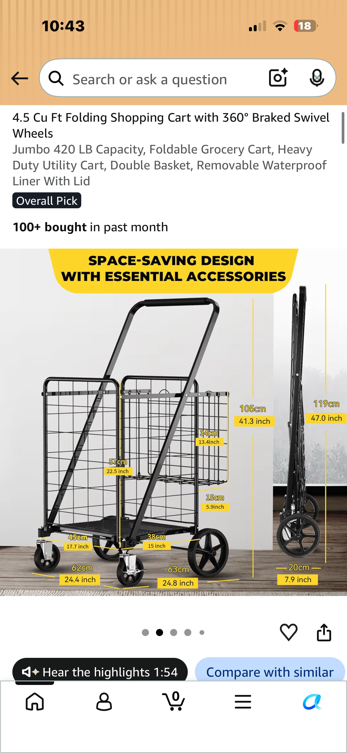 4.5 Cu Ft Folding Shopping Cart with 360° Braked Swivel Wheels Jumbo 420 LB Capacity, Foldable Grocery Cart, Heavy Duty Utility Cart, Double Basket, Removable Waterproof Liner With Lid