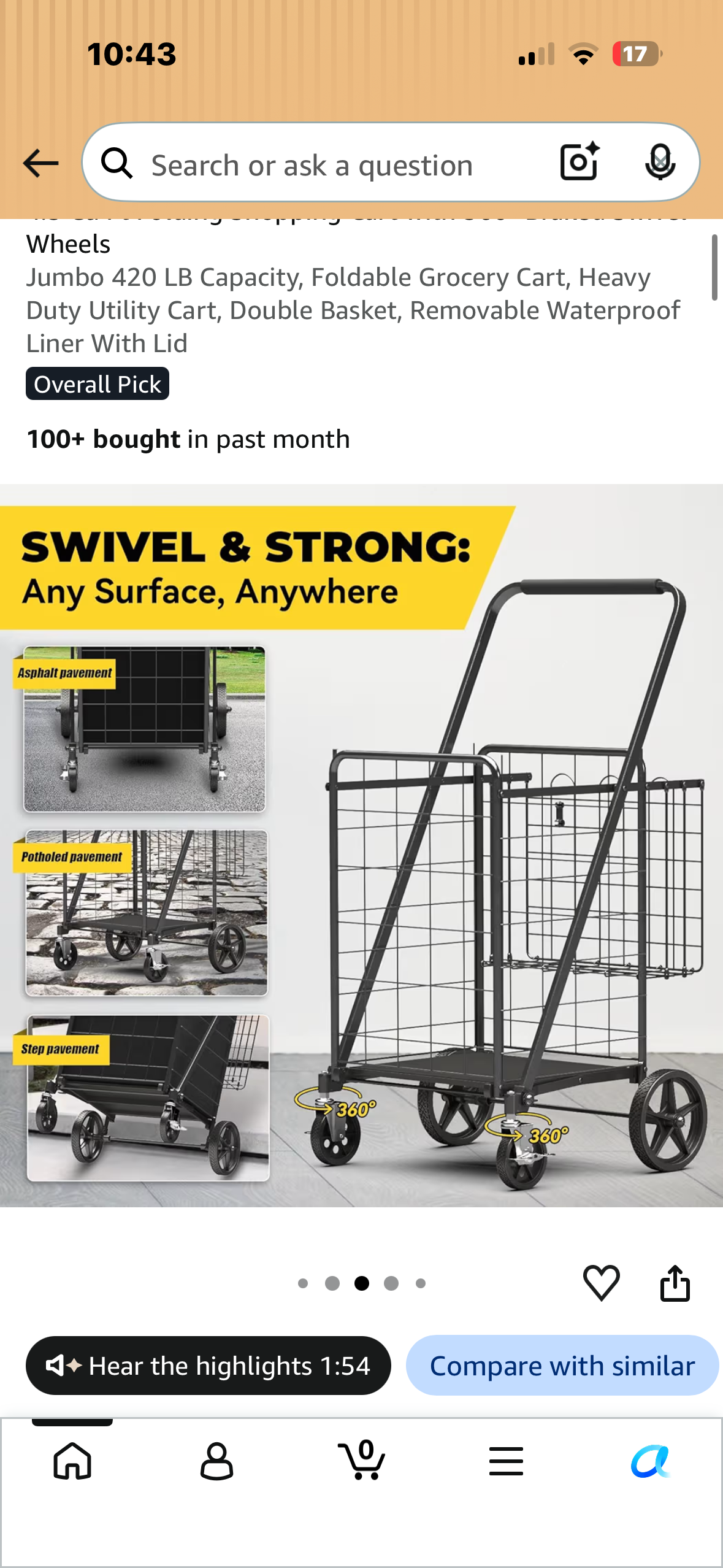 4.5 Cu Ft Folding Shopping Cart with 360° Braked Swivel Wheels Jumbo 420 LB Capacity, Foldable Grocery Cart, Heavy Duty Utility Cart, Double Basket, Removable Waterproof Liner With Lid