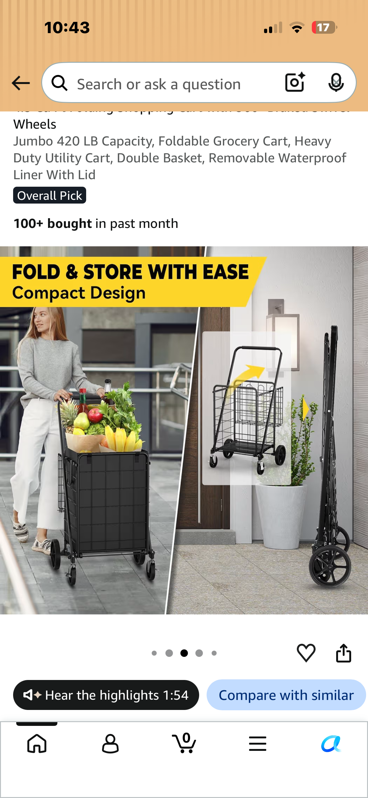 4.5 Cu Ft Folding Shopping Cart with 360° Braked Swivel Wheels Jumbo 420 LB Capacity, Foldable Grocery Cart, Heavy Duty Utility Cart, Double Basket, Removable Waterproof Liner With Lid