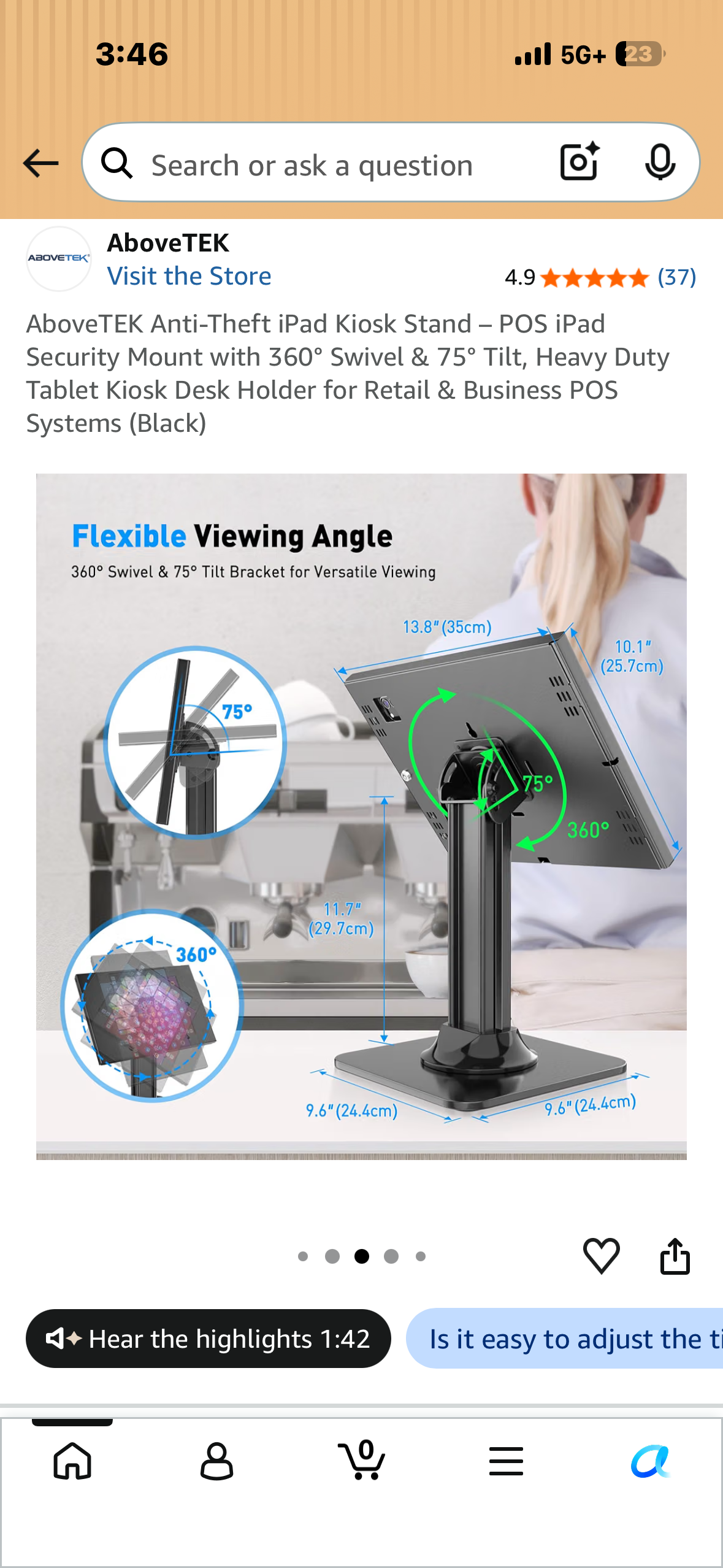 AboveTEK Anti-Theft iPad Kiosk Stand – POS iPad Security Mount with 360° Swivel & 75° Tilt, Heavy Duty Tablet Kiosk Desk Holder for Retail & Business POS Systems (Black)