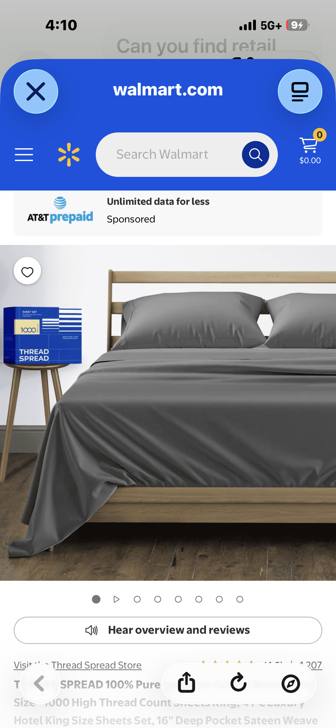 THREAD SPREAD True Luxury 100% Egyptian Cotton - Genuine 1000 Thread Count 4 Piece Sheet Sets - Fits Mattress Upto 18 inch Deep Pocket (King, Dark Grey)