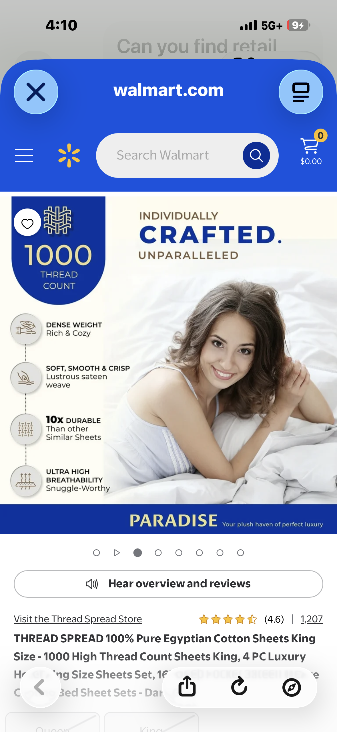 THREAD SPREAD True Luxury 100% Egyptian Cotton - Genuine 1000 Thread Count 4 Piece Sheet Sets - Fits Mattress Upto 18 inch Deep Pocket (King, Dark Grey)