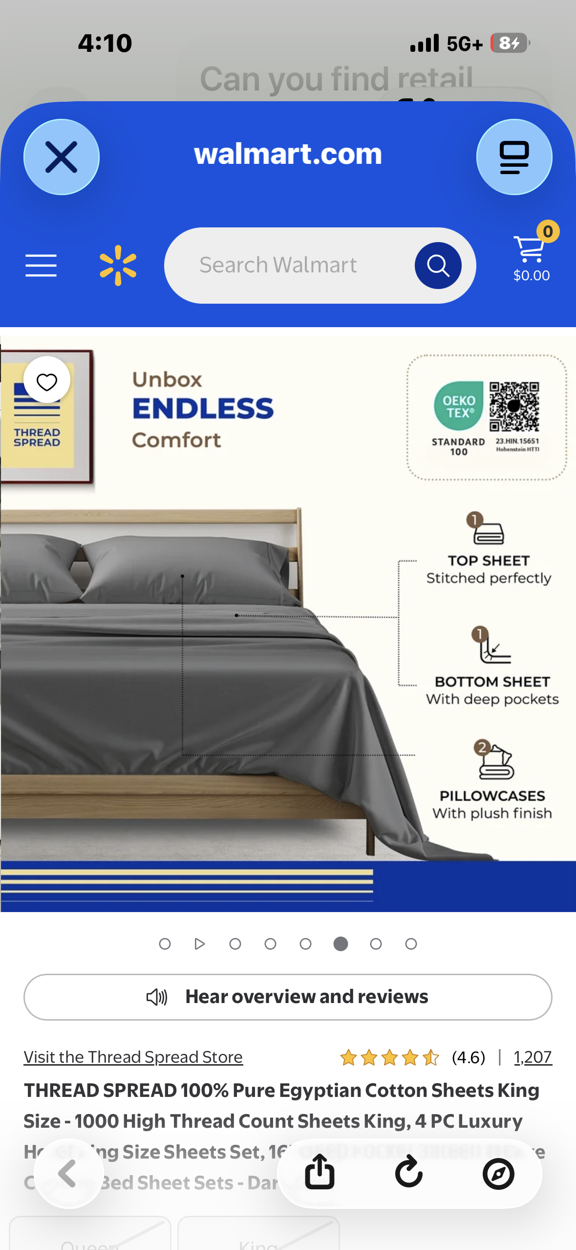 THREAD SPREAD True Luxury 100% Egyptian Cotton - Genuine 1000 Thread Count 4 Piece Sheet Sets - Fits Mattress Upto 18 inch Deep Pocket (King, Dark Grey)