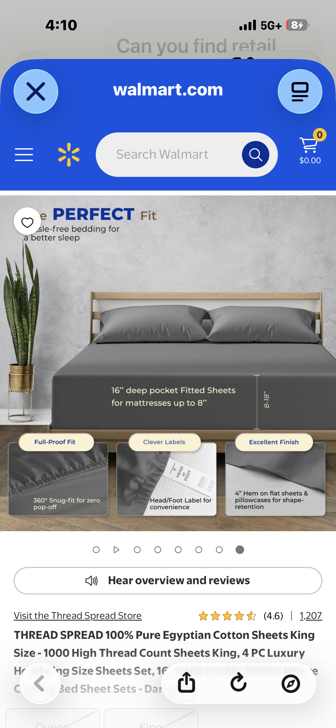 THREAD SPREAD True Luxury 100% Egyptian Cotton - Genuine 1000 Thread Count 4 Piece Sheet Sets - Fits Mattress Upto 18 inch Deep Pocket (King, Dark Grey)